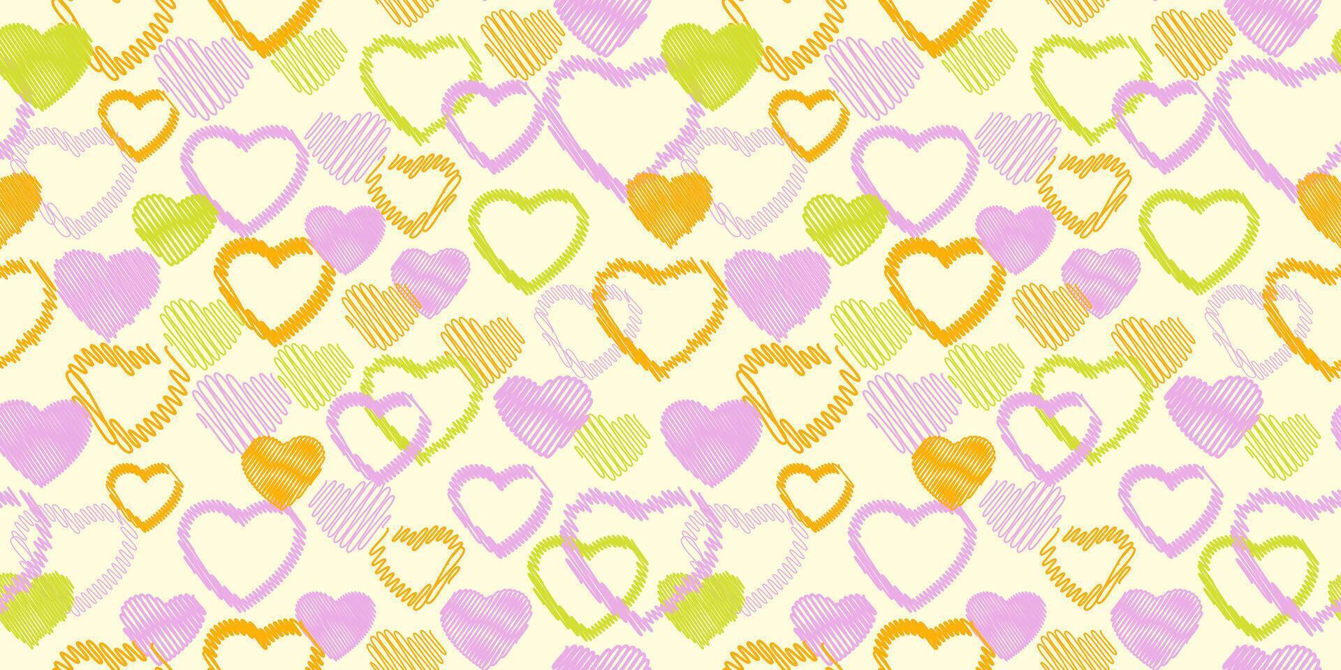 Seamless colorful yellow pattern with vector hand drawn sketch hearts. Print with set texture hearts silhouettes outline. Valentine, love background. Template for textile, fashion, print, surface