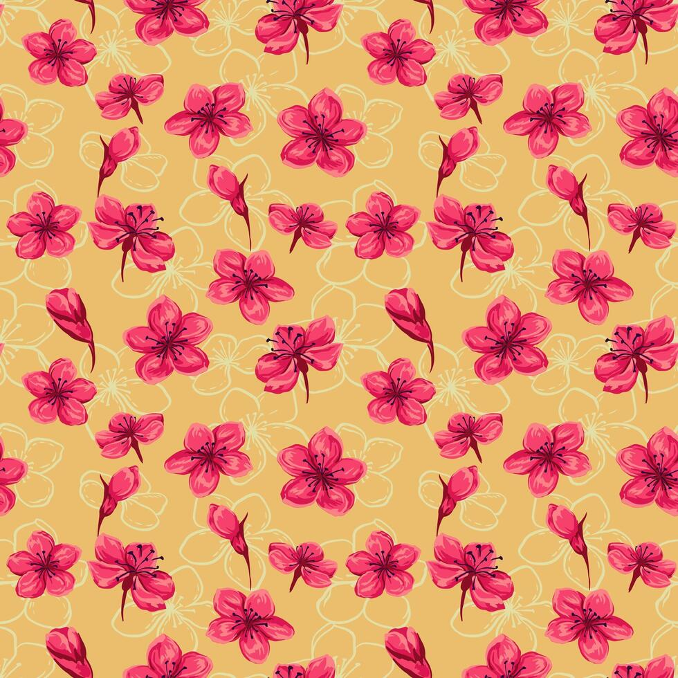 Colorful summer ditsy flowers and buds seamless pattern on a yellow background. Vector hand drawn illustration. Blooming abstract artistic wild floral ornament. Template for designs, textiles, fabric