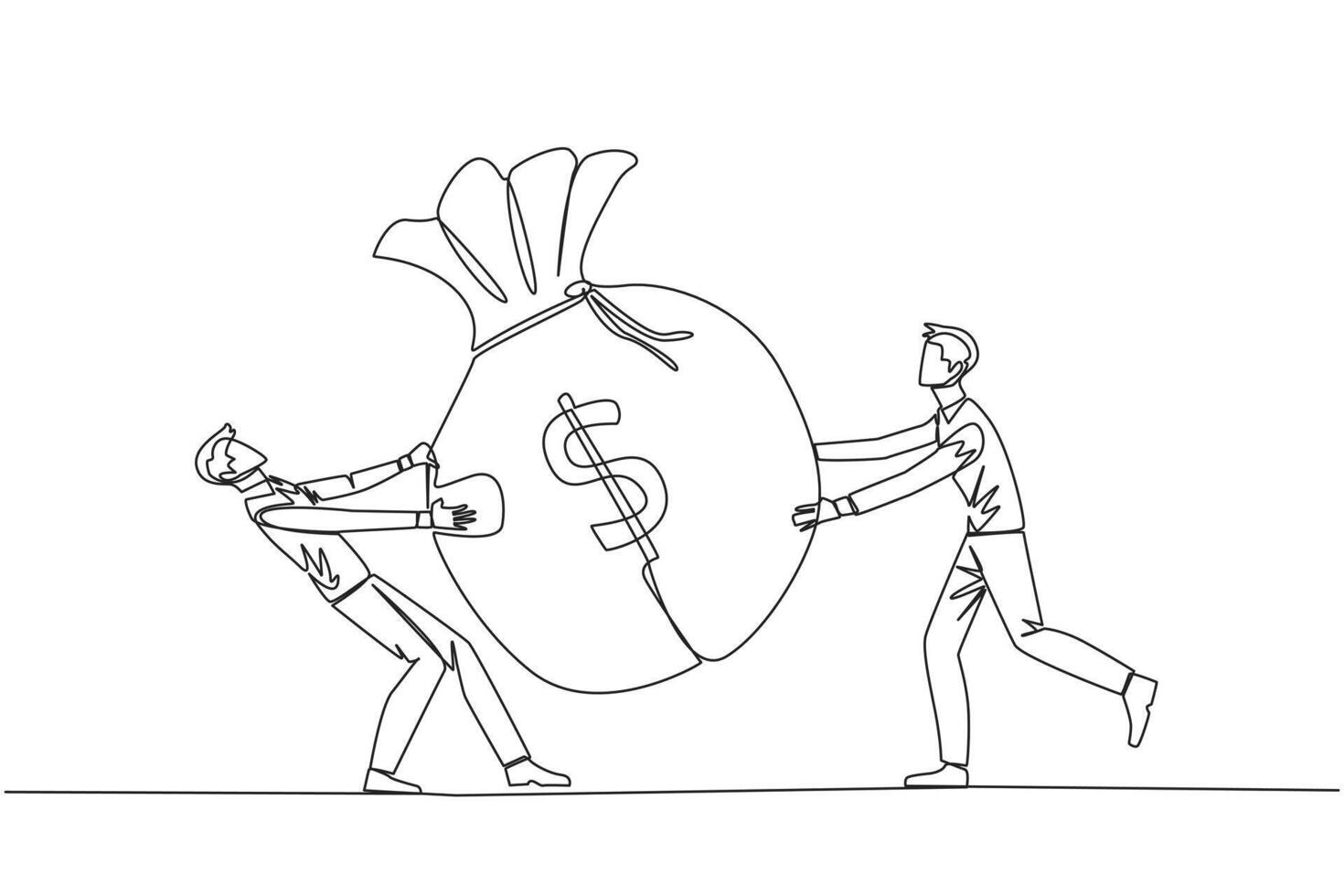 soltero continuo línea dibujo dos empresario luchando terminado el grande dinero bolsa. luchando para adicional capital después varios Comparte fueron liberado a el público. uno línea diseño vector ilustración