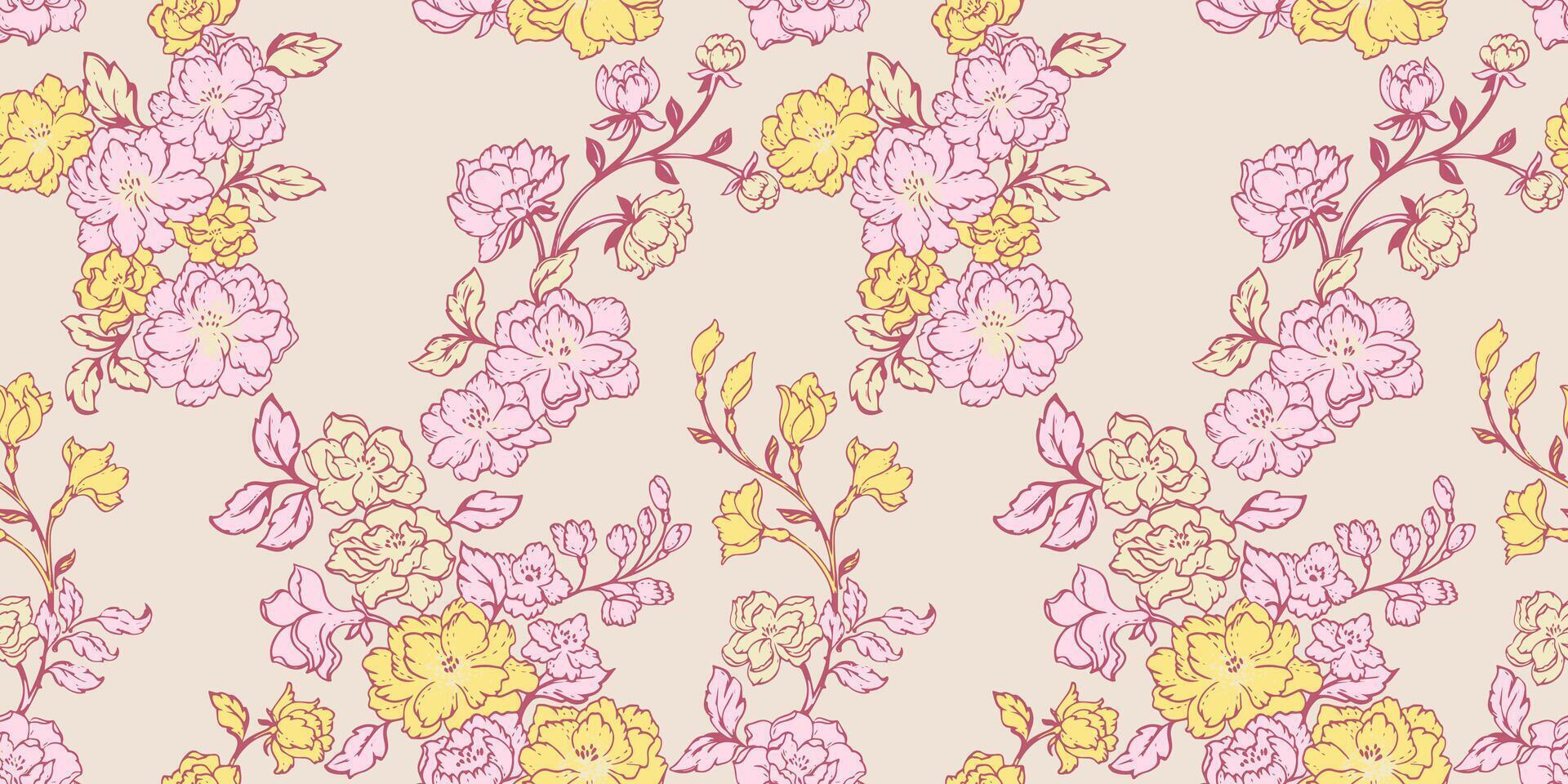 Spring or summer wild meadow seamless pattern. Abstract stylized lines flowers branches patterned on a light background. Vector hand drawn sketch. Collage for printing, design, fabric