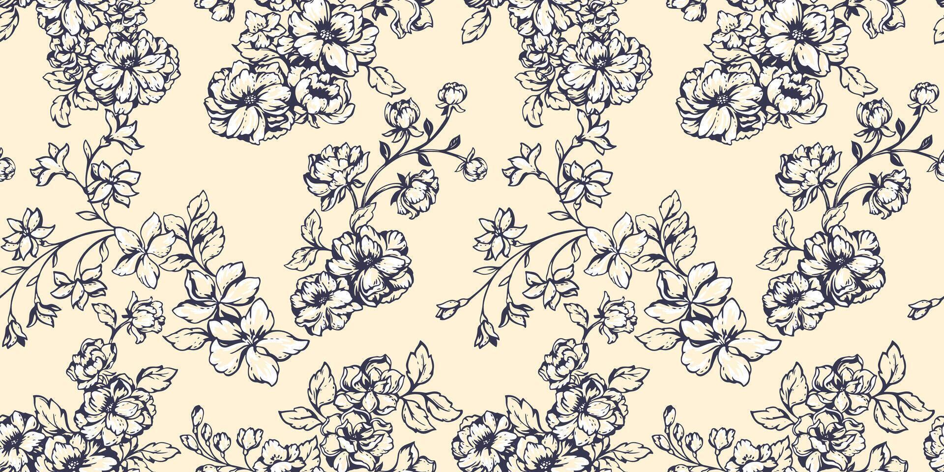 Blooming stylized meadow seamless pattern. Abstract wild floral stems pattern on a light background. Artistic creative lines, outlines branches flowers patterned. Vector hand drawn sketch.