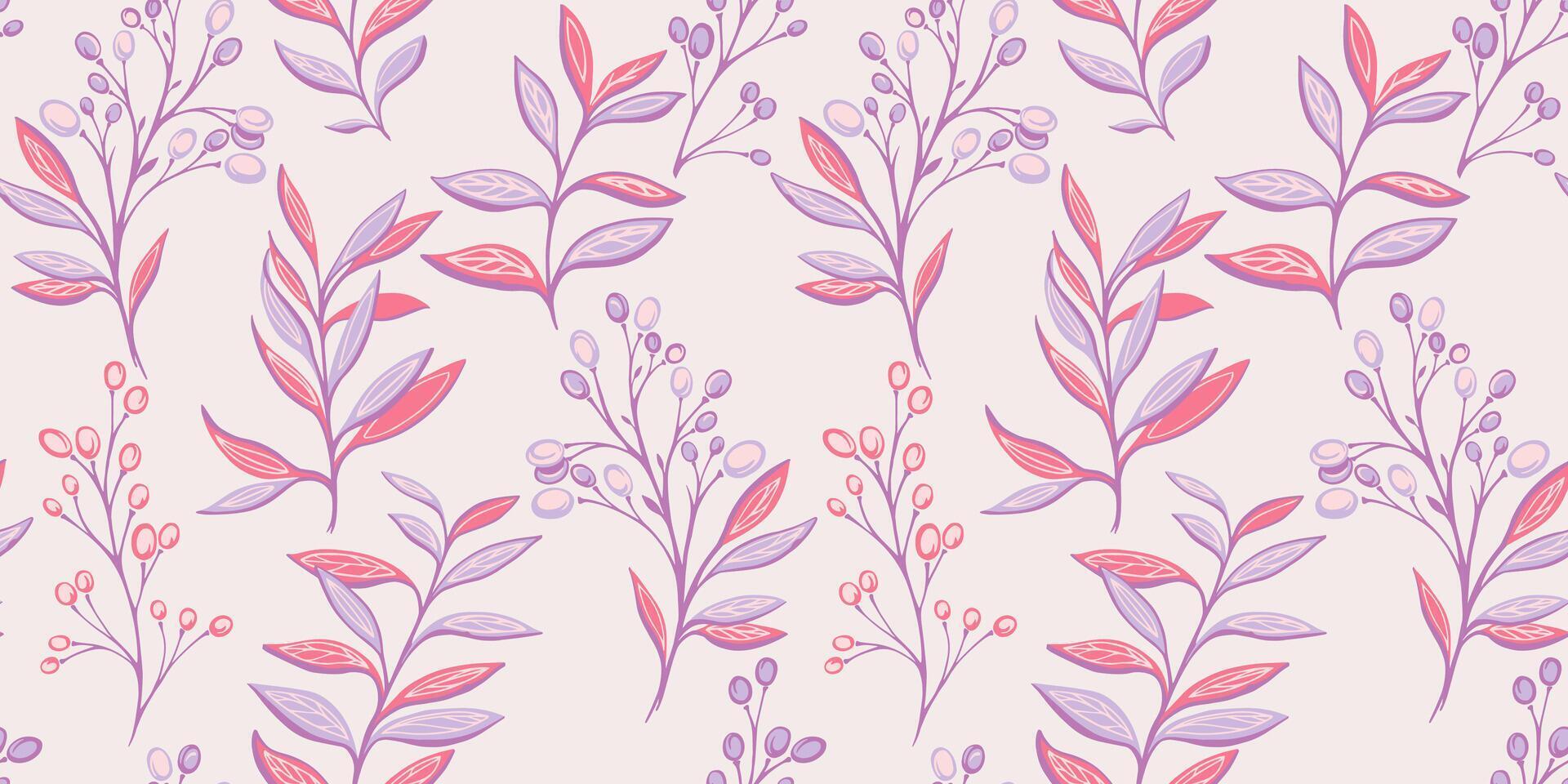 Pastel gently seamless pattern with abstract leaves, branches with shapes berries, drops, spots, dots. Vector hand drawn sketch. Creative botanical printing. Collage for designs, patterned, fabric