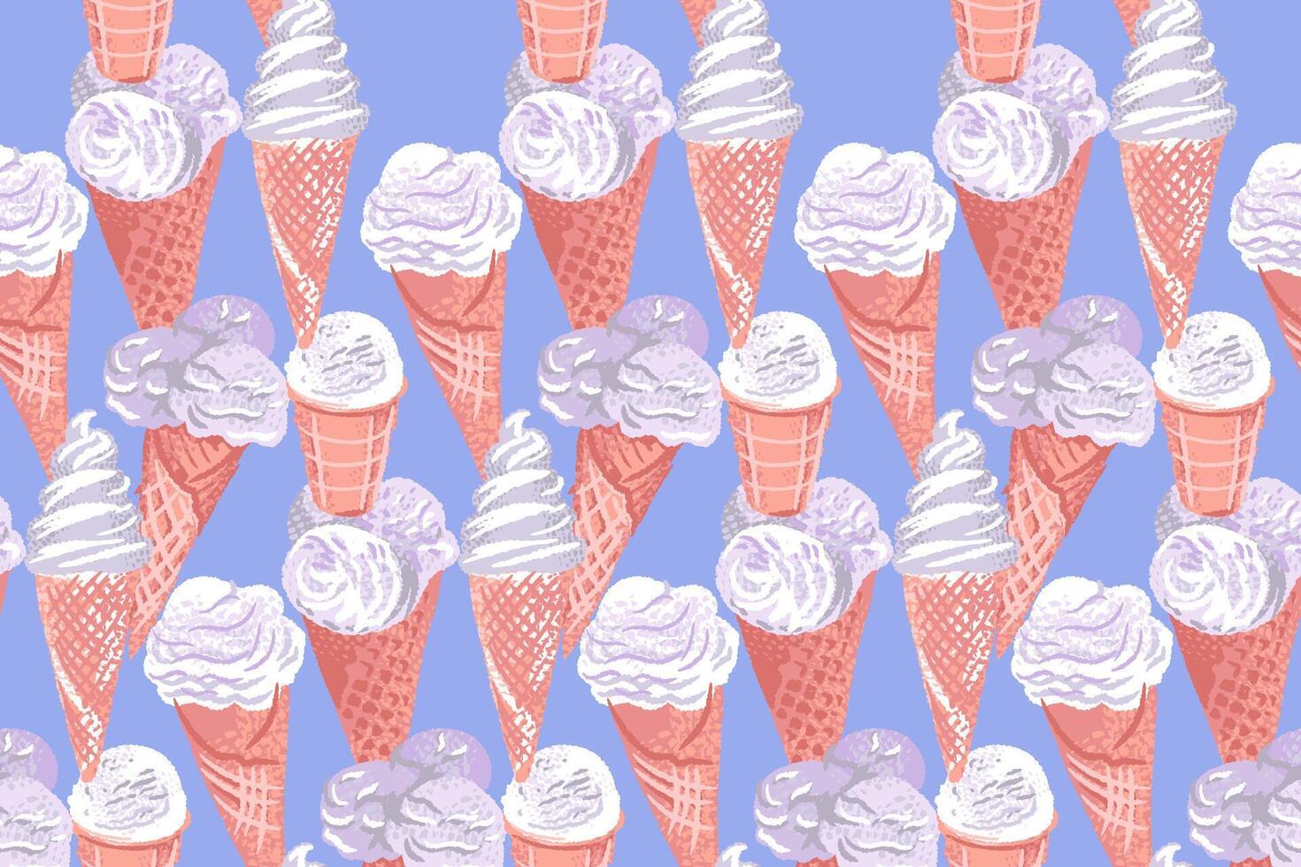 Abstract artistic ice cream cone seamless pattern in a blue background. Vector hand drawn illustration. Colorful summer fresh dessert. Collage for children textiles,  printing, kitchen textile