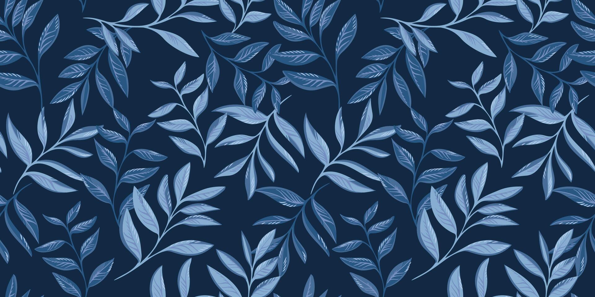 Abstract artistic branches leaves intertwined in a seamless pattern. Monotone dark blue garden leaf stems background. Vector hand drawn illustration. Template for design, printing, textile, fashion