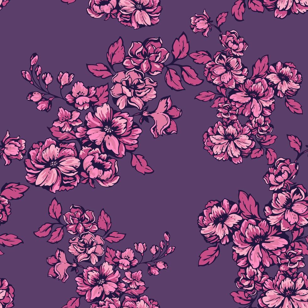 Abstract artistic branches flowers intertwined in a seamless pattern. Stylized monotone wild floral patterned on a purple background. Vector hand drawn illustration. Collage for designs, printing