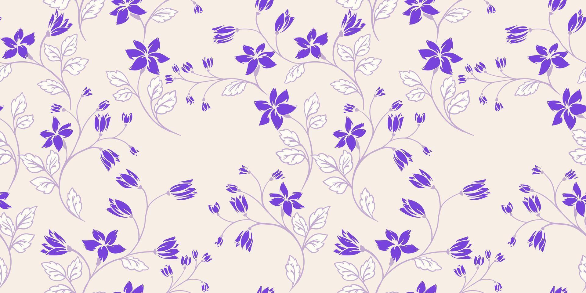 Creative simple wild floral stems seamless pattern. Pastel light abstract artistic branches flowers with tiny leaves printing. Vector hand drawn. Template for design, fabric, fashion, textiles