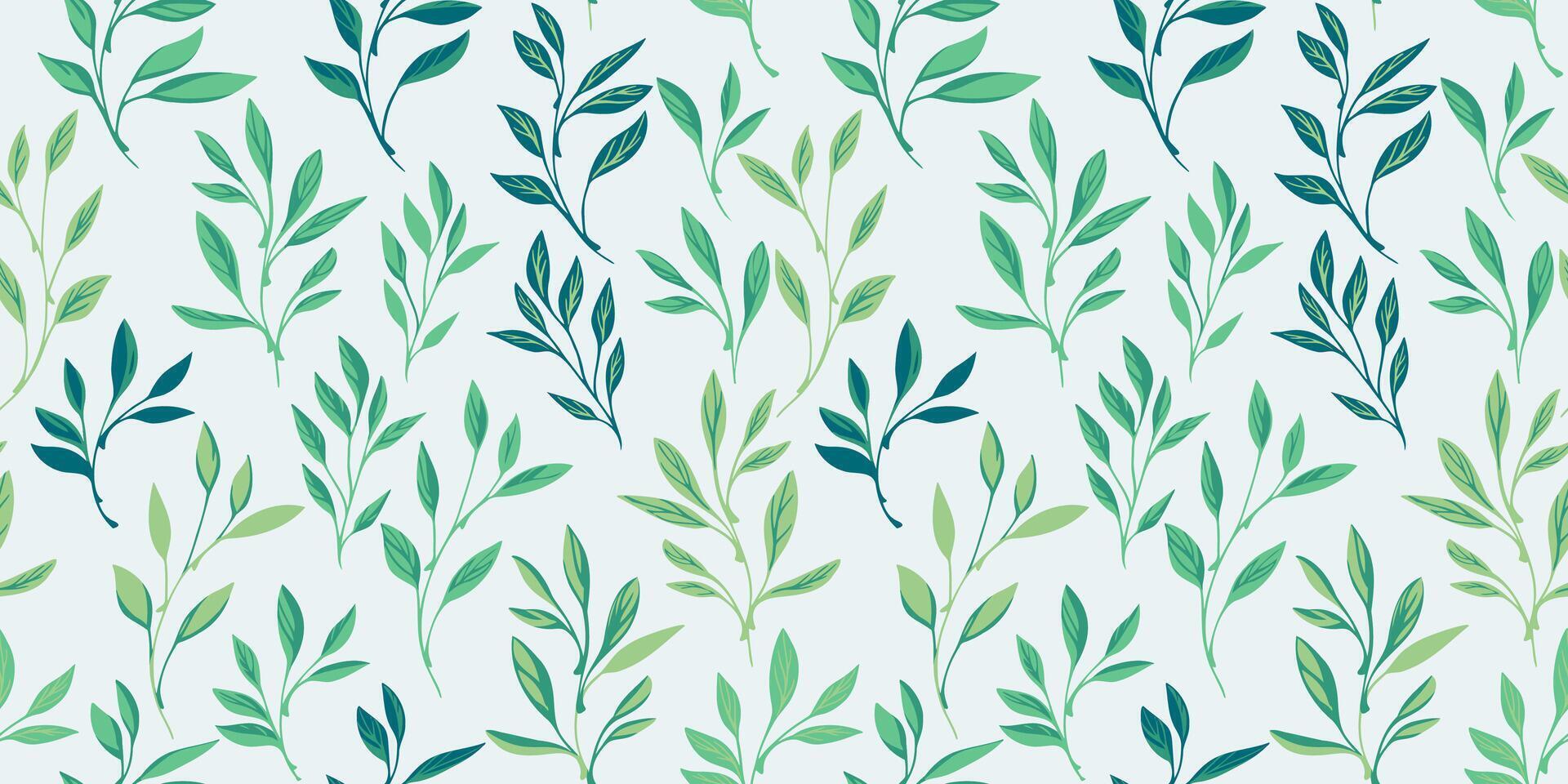 Abstract  simple tiny leaf branches seamless pattern. Green leaves on a white background. Vector hand drawn. Template for designs, textile, surface design, fabric