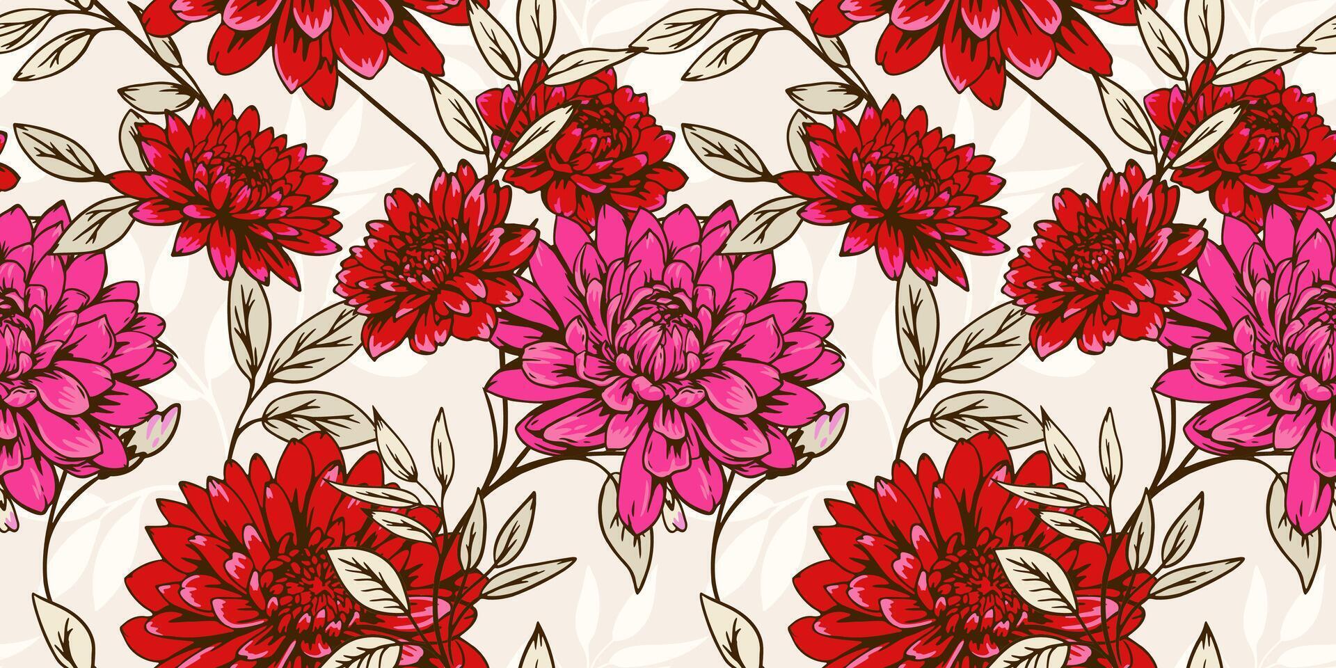 Blooming red flowers and leaves branches seamless pattern on a light background. Abstract artistic floral stems printing. Vector hand drawn illustration. Template for design, fabric, fashion, textile