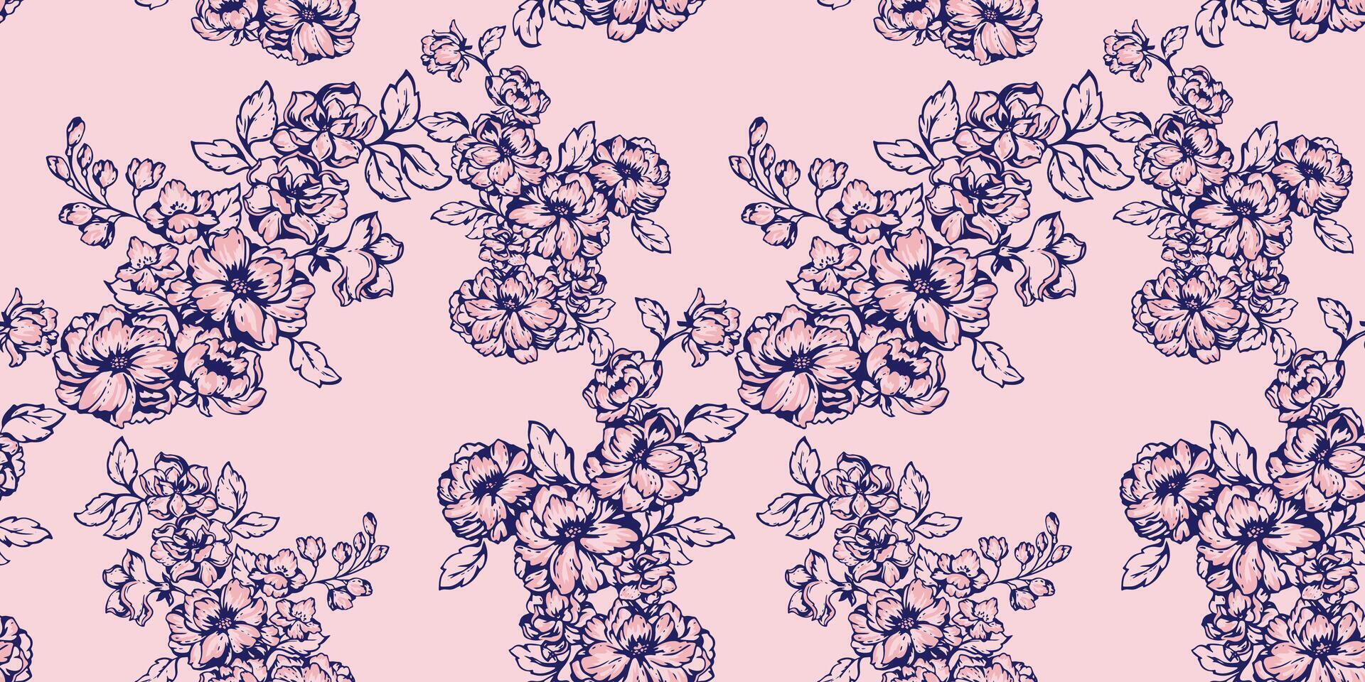 Seamless artistic stylized lines branches floral pattern of branches. Blooming field in many types of flowers on a pink background. Vector drawn hand. Template for textile, fashion, print, fabric