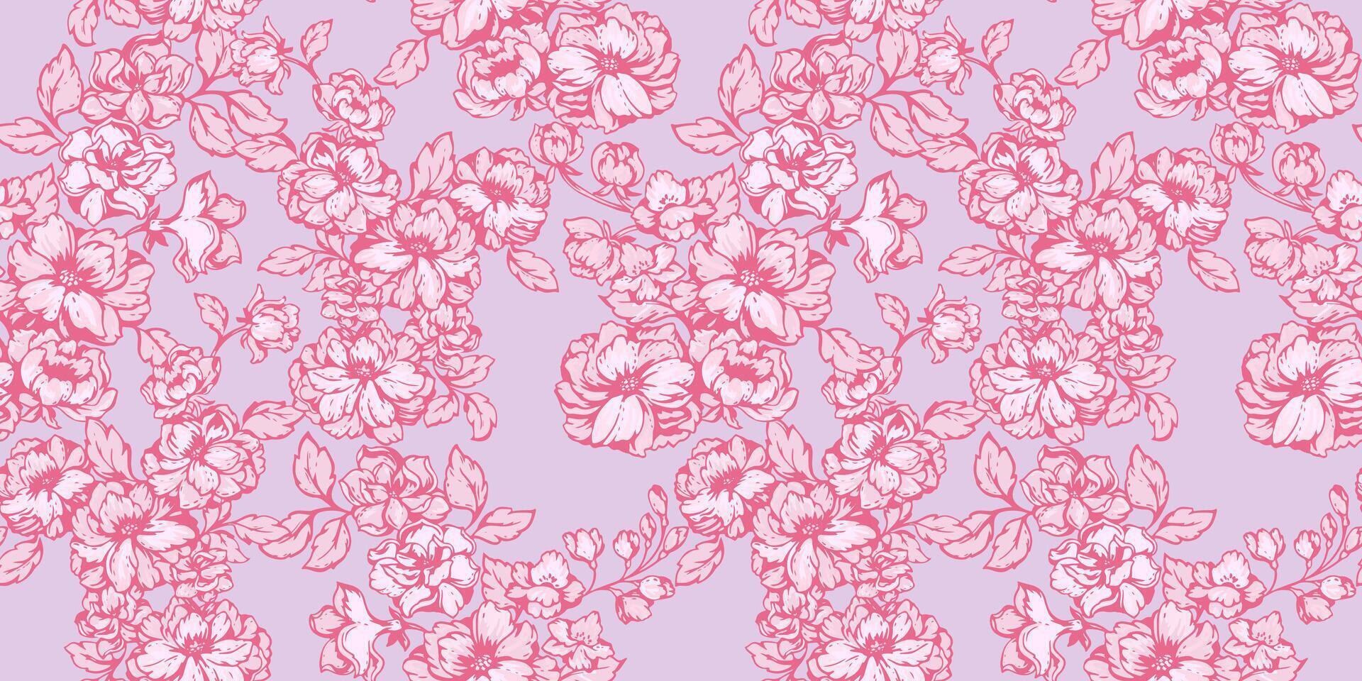 Beautiful, artistic, abstract wild flowers seamless pattern. Gently chic blossoms meadow printing. Light pastel pink floral patterned on a purple background. Vector hand drawn.Template for design