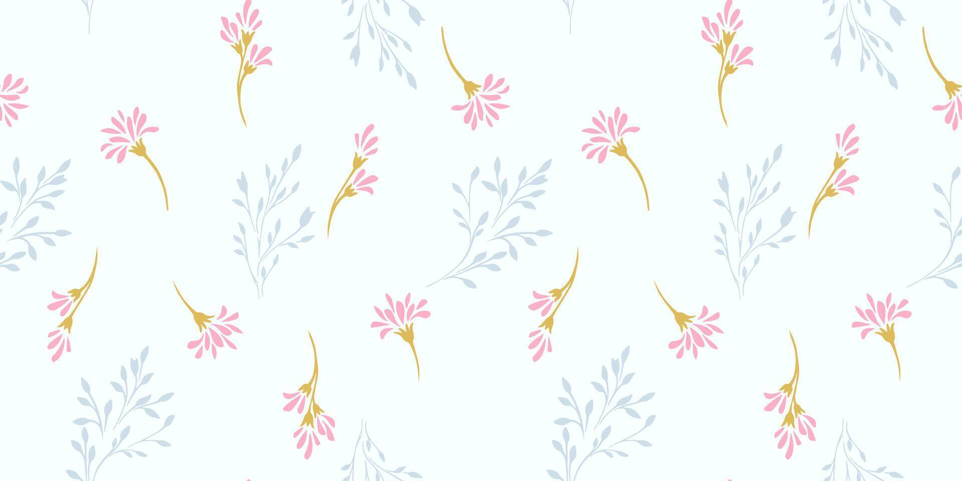 Minimalist simple seamless pattern with tiny branches flowers with drops, spots. Cute creative shapes floral scattered randomly on a light background. Vector hand drawn sketch. Template for design