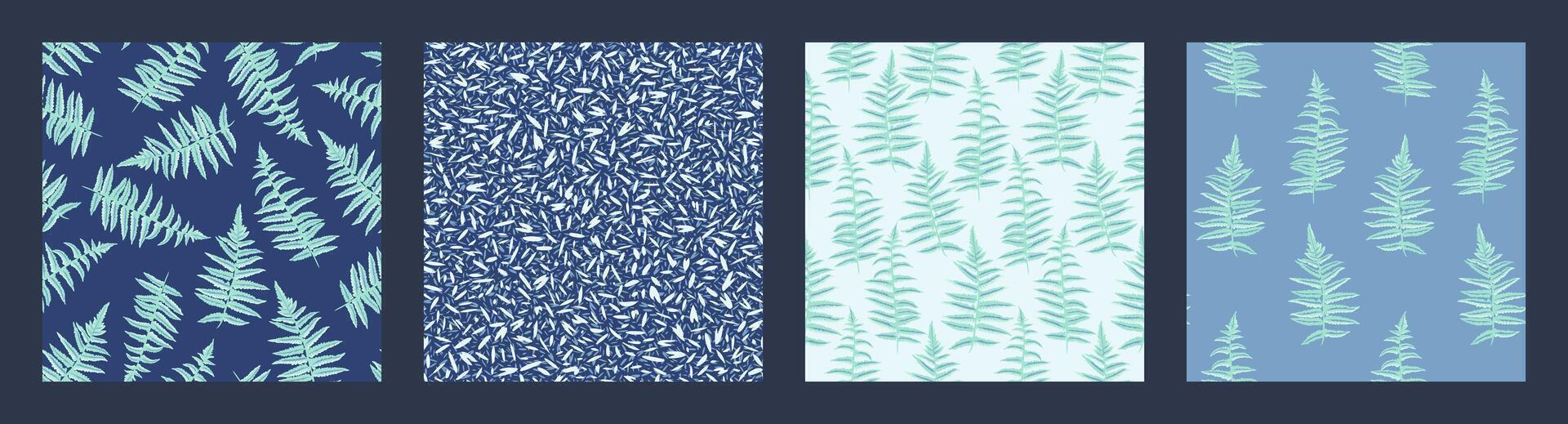 Collage of set seamless patterns with stylized shapes leaves fern, abstract texture printing, random spots, and polka dots, drops. Vector hand drawn sketch. Blue botanical simple patterned.