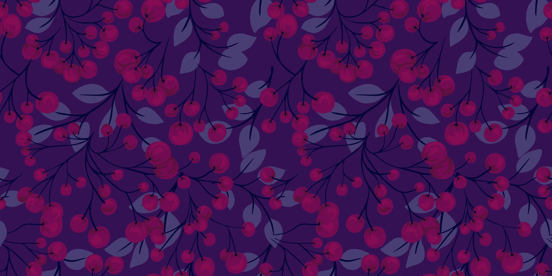 Burgundy abstract, artistic branches berries and leaves seamless pattern on a dark violet background. Maroon creative juniper, boxwood, viburnum, barberry. Vector hand drawn. Collage for designs