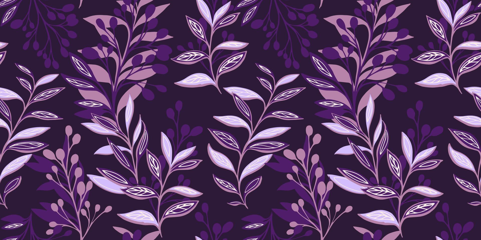 Trendy dark purple seamless pattern with abstract leaves, shape branches, leaf, stem. Creative stylized violet tropical floral background. Vector hand drawn. Design for fashion, fabric, printing.