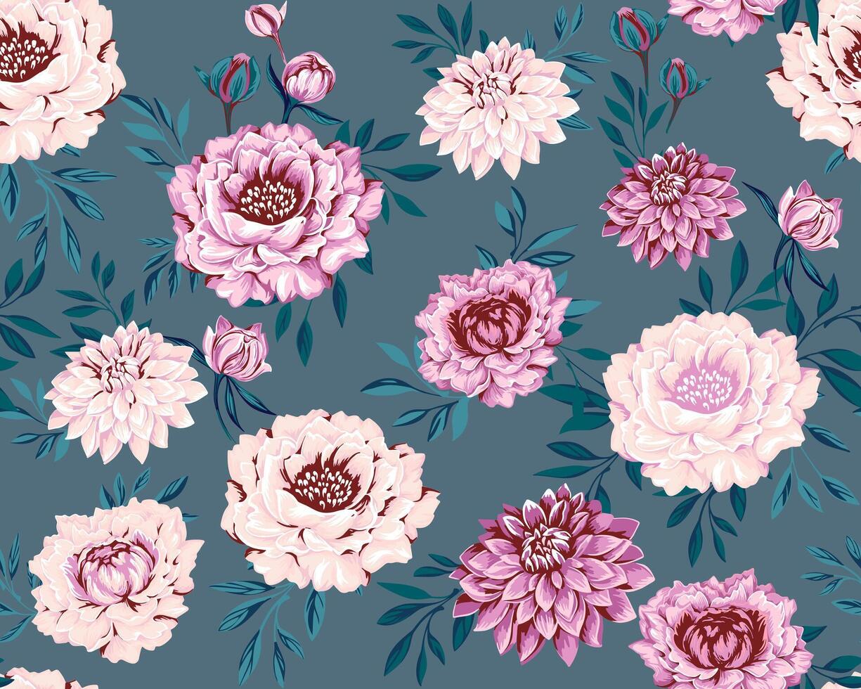 Elegance colorful floral with buds and tine leaves branches seamless pattern on a green background. Abstract artistic stylized flowers peonies, dahlias printing. Vector drawn illustration plants.