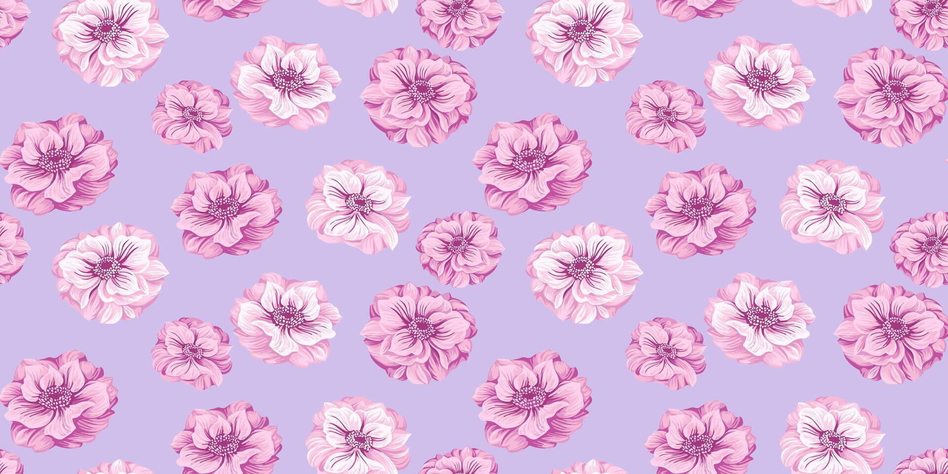 Pastel abstract artistic flowers seamless pattern on a violet background. Stylized floral Ranunculus, Trollius Asiaticus , Globe flower. Vector hand drawn illustration. Template for design,  printing