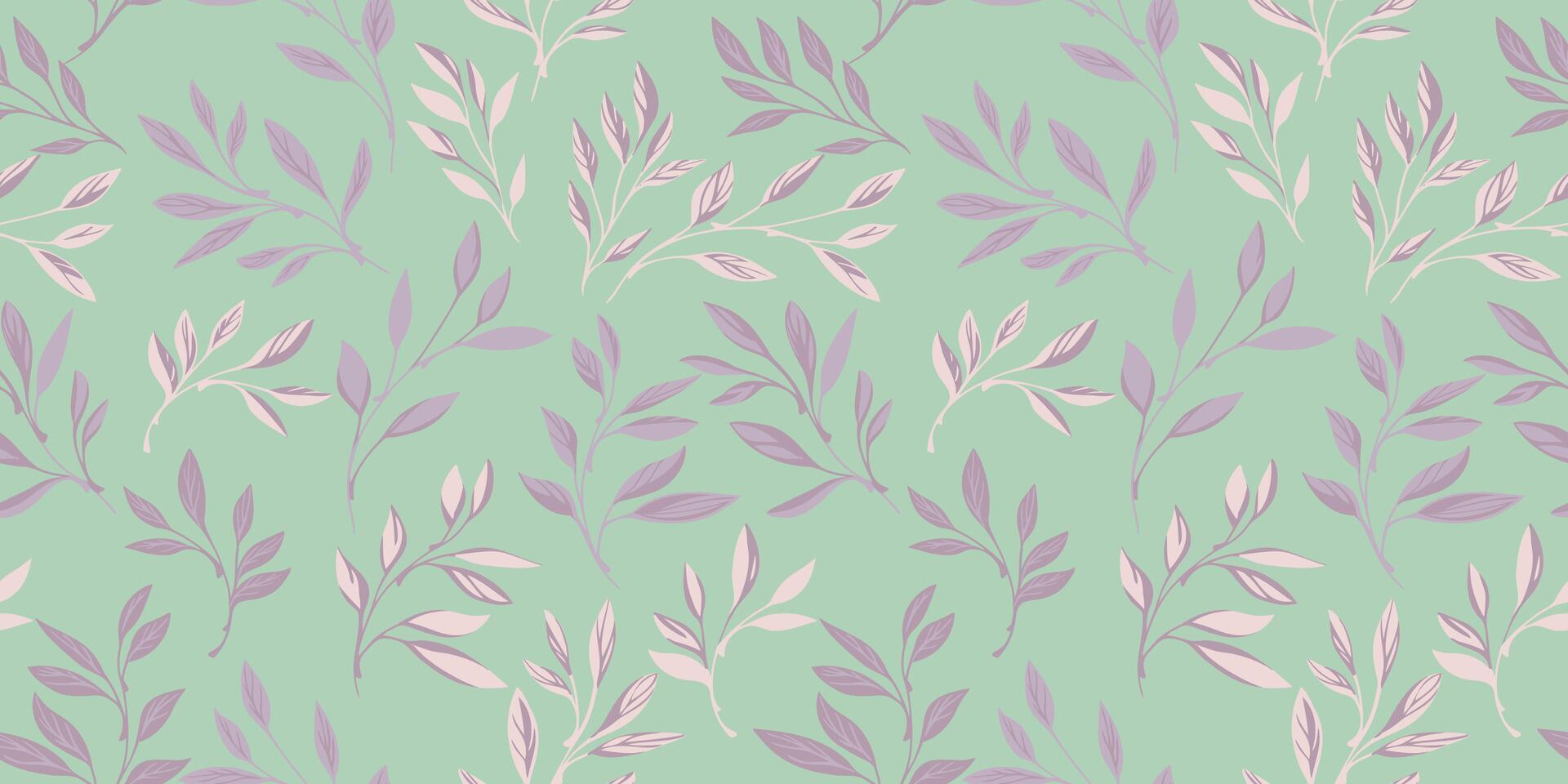 Gently pastel abstract tiny branches leaves seamless pattern. Stylized simple small leaf motif scattered randomly on a mint background. Vector hand drawn. Collage template for design, patterned