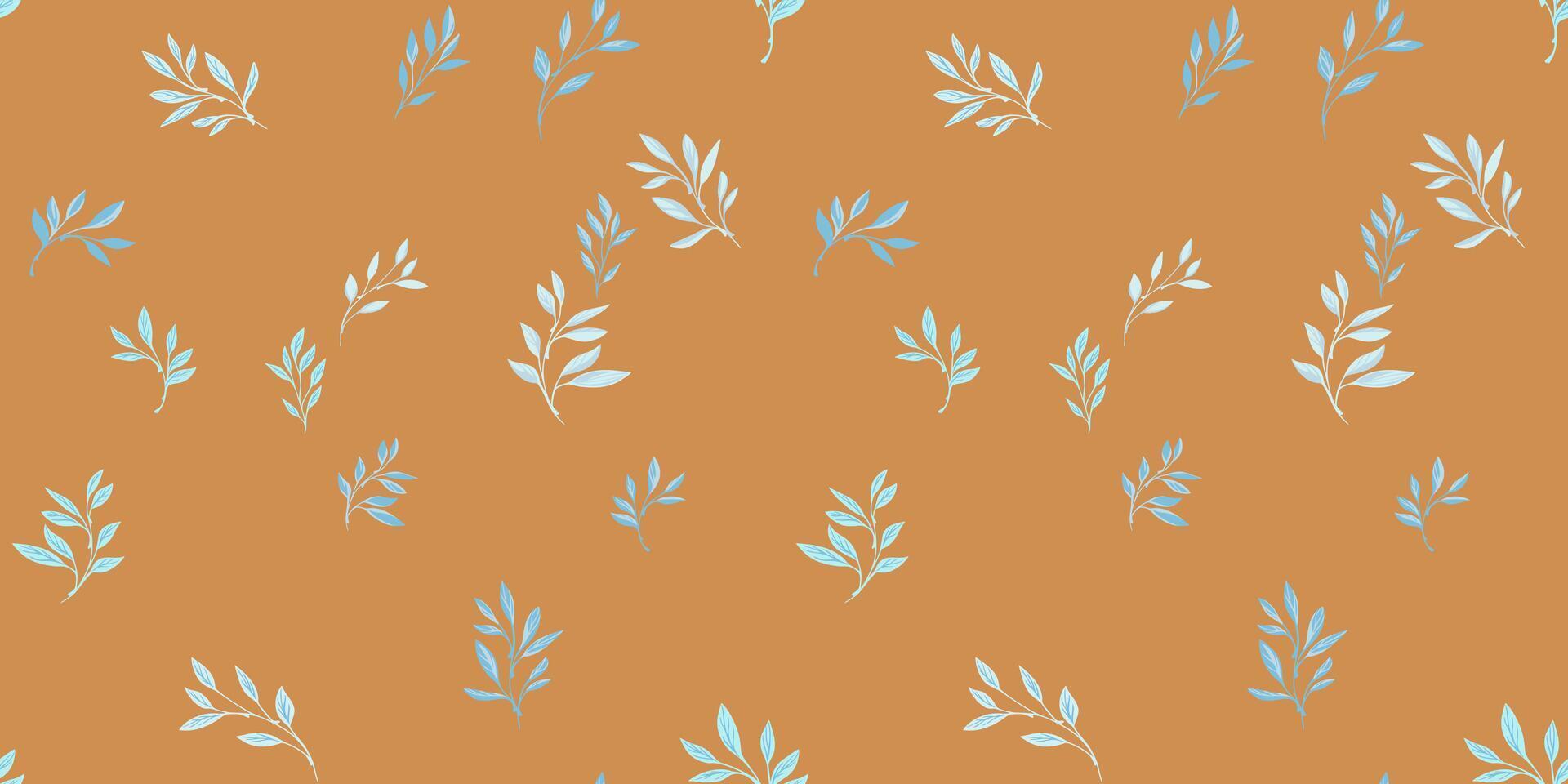 Abstract simple tiny leaves seamless pattern is randomly scattered. Vector hand drawn. Minimalist isolate blue leaf stems background. Template for designs, textile, printing
