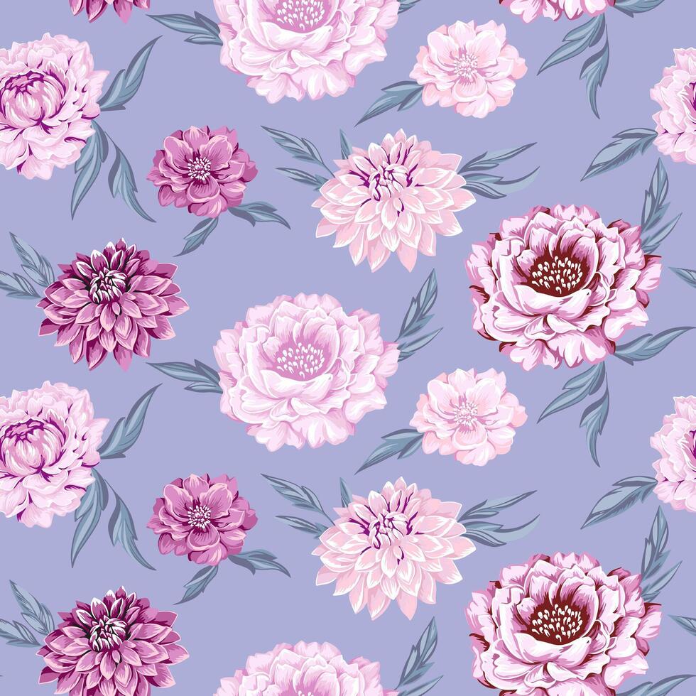 Pastel gently seamless pattern with artistic stylized flowers peonies, dahlia and leaves on a blue background. Vector hand drawn illustration ditsy flower. Abstract blooming feminine floral printing.