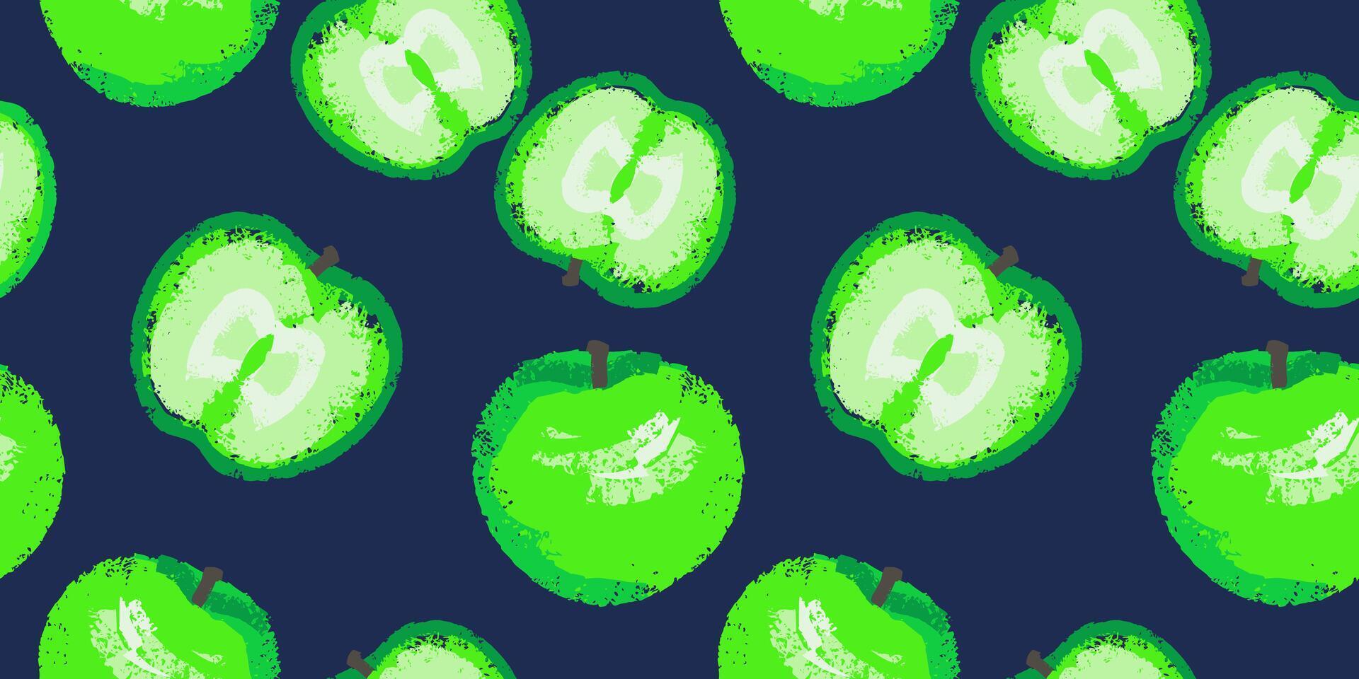 Abstract stylized fruits apples and apple slices seamless pattern. Vector hand drawn sketch textured apple patterned. Green shapes apple printing on a dark blue  background. Template for design