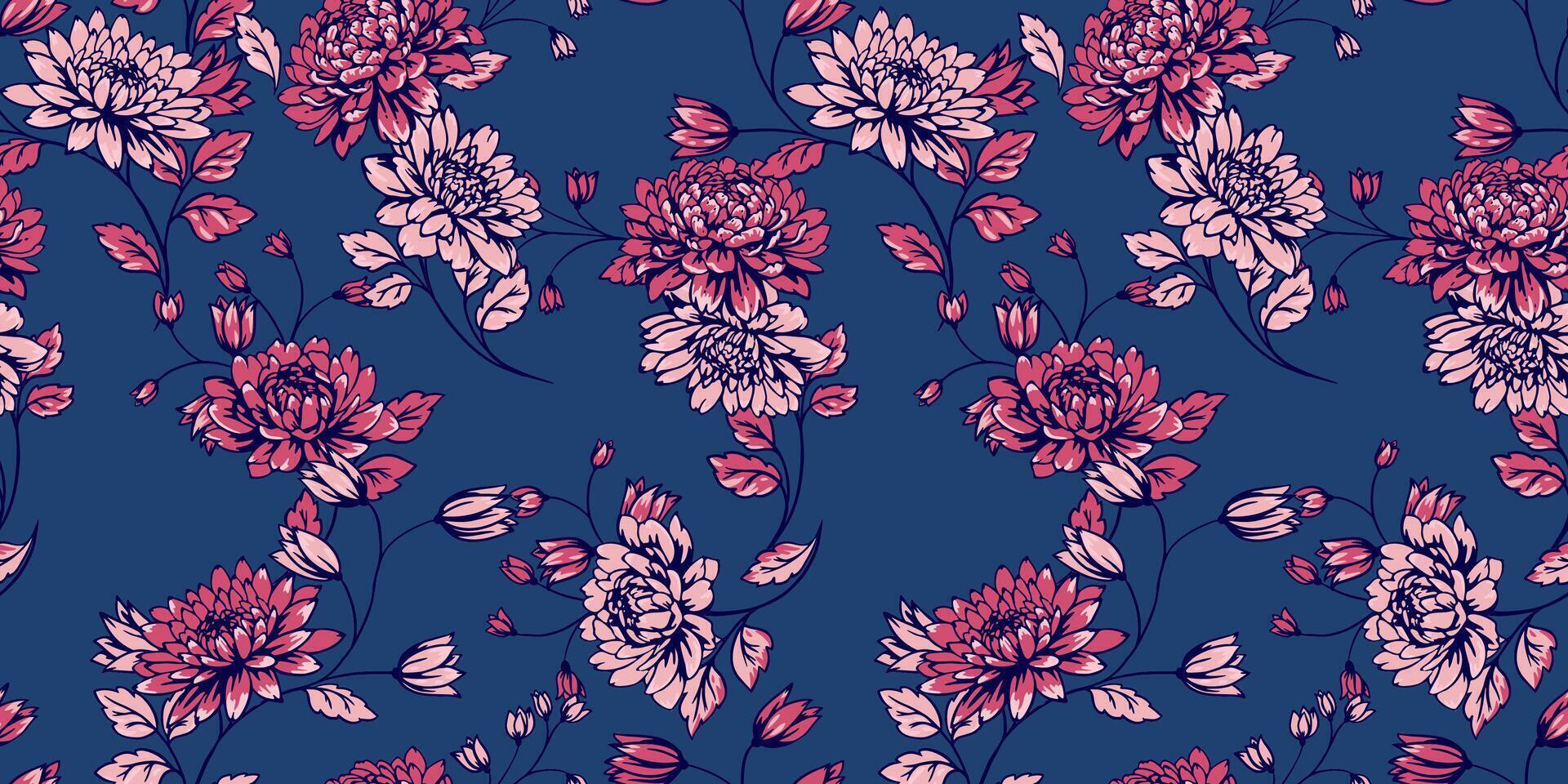 Blossoms meadow floral stems seamless pattern. Vector hand drawn. Artistic, abstract branches flowers with tiny leaves printing on a true blue background. Template for design, fabric, fashion, textile