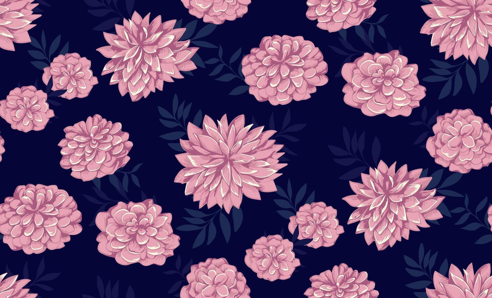 Abstract artistic pink floral and shape leaves seamless pattern on a dark blue background. Stylized flowers peonies, dahlias printing. Vector hand drawn illustration. Design for fashion, textiles