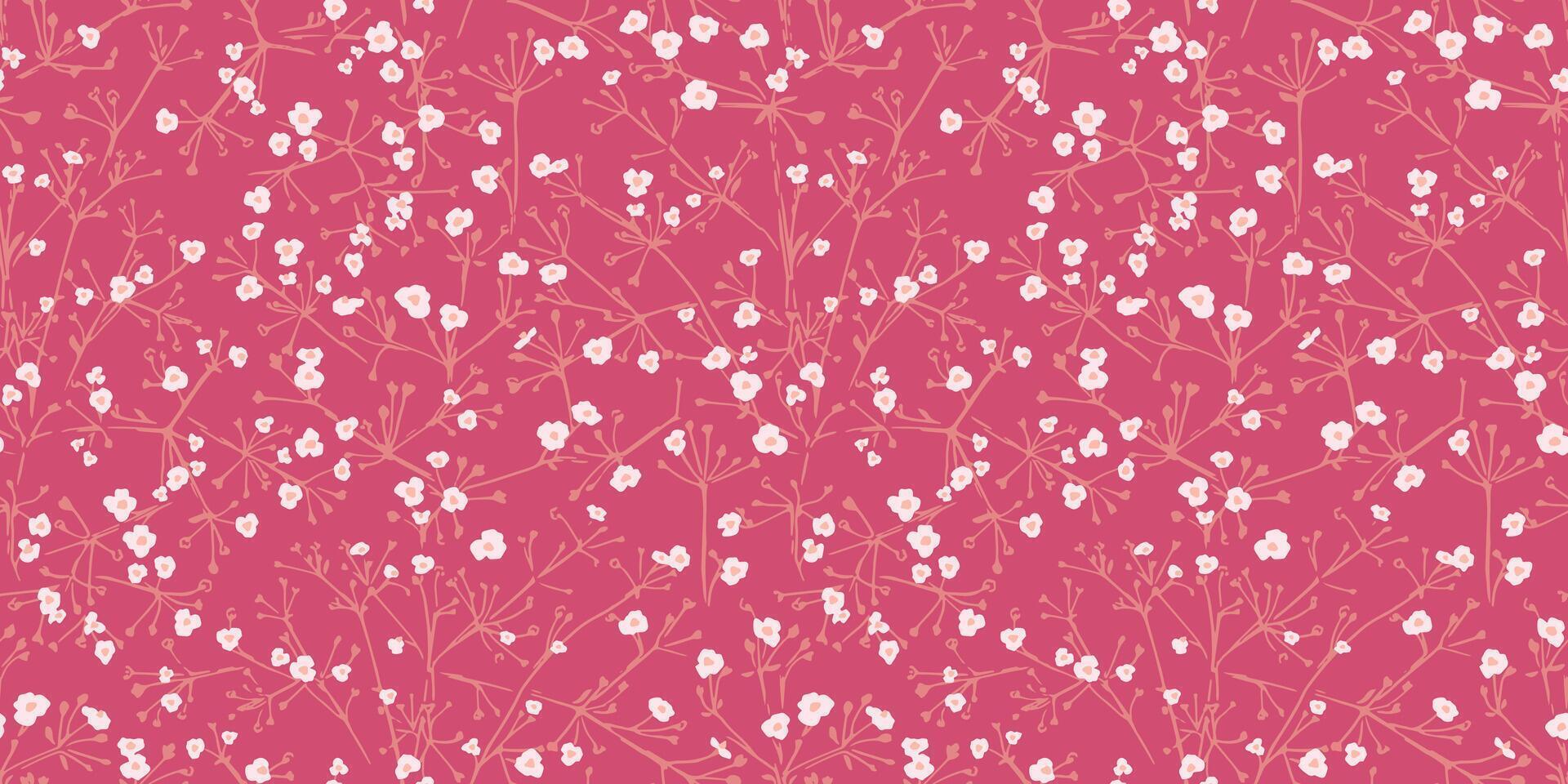 Tiny abstract ditsy flowers with flat branches intertwined in a seamless pattern. Gently  simple floral spots, drops polka dots pink printing. Vector hand drawn sketch.Template collage, patterned