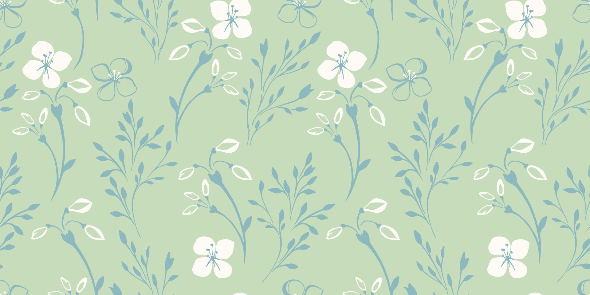 Pastel mint seamless pattern tiny branches with abstract shapes ditsy flowers, leaves. Vector hand drawn sketch. Simple creative contour silhouette, floral stems spring or summer printing
