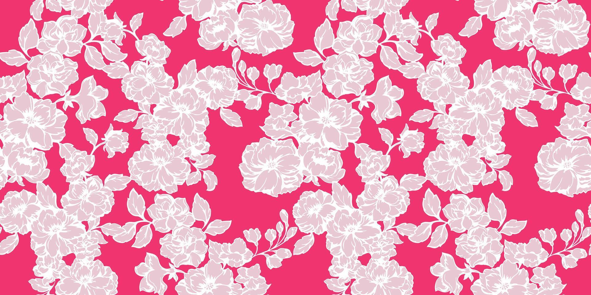 sin costura artístico, resumen siluetas flores modelo. estilizado creativo forma floral tapiz. vector mano dibujado. ligero sombra flores en un brillante rosado antecedentes. modelo para diseño, impresión