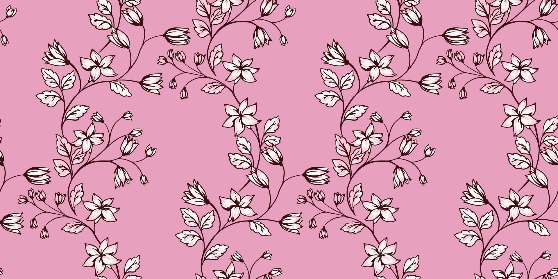 sin costura modelo entrelazados con artístico resumen minúsculo floral tallos. vector mano dibujado. floreciente suavemente ramas con salvaje flores, brotes y hojas rosado impresión. modelo para diseño, tela, textil