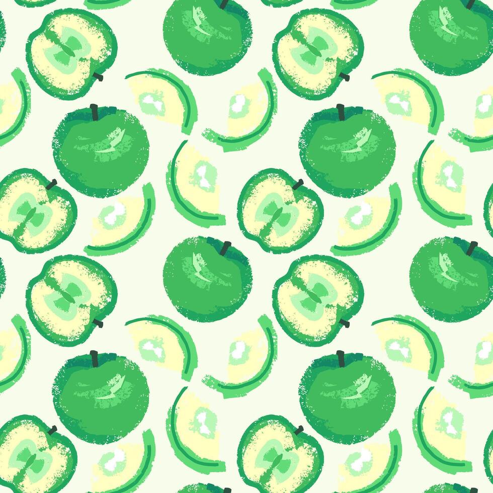 Seamless pattern with abstract art fruits apples and apple slices on o light background. Vector hand drawn sketch. Creative green shape apple textured patterned. Collage for designs, print