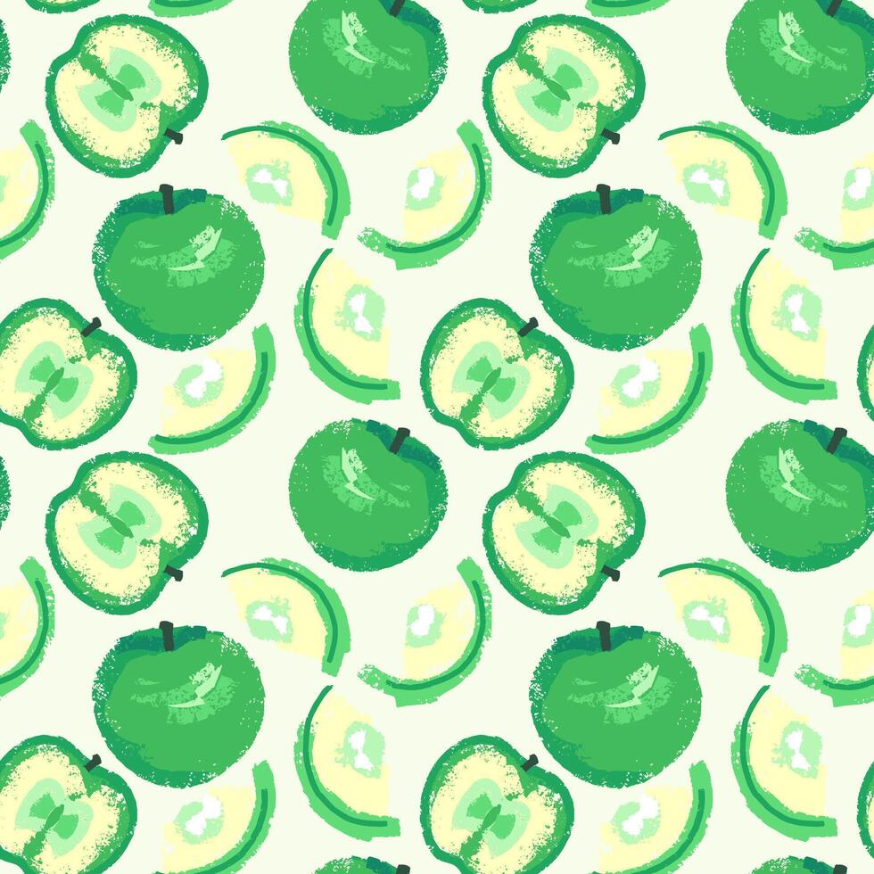 sin costura modelo con resumen Arte frutas manzanas y manzana rebanadas en o ligero antecedentes. vector mano dibujado bosquejo. creativo verde forma manzana texturizado estampado. collage para diseños, impresión