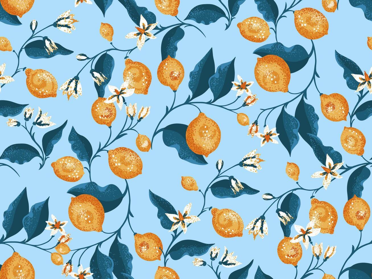 Colorful branches lime and lemon, leaves, tiny flowers seamless pattern. Vector hand drawn illustration. Abstract artistic summer citrus fruits printing on a blue background. Template for designs