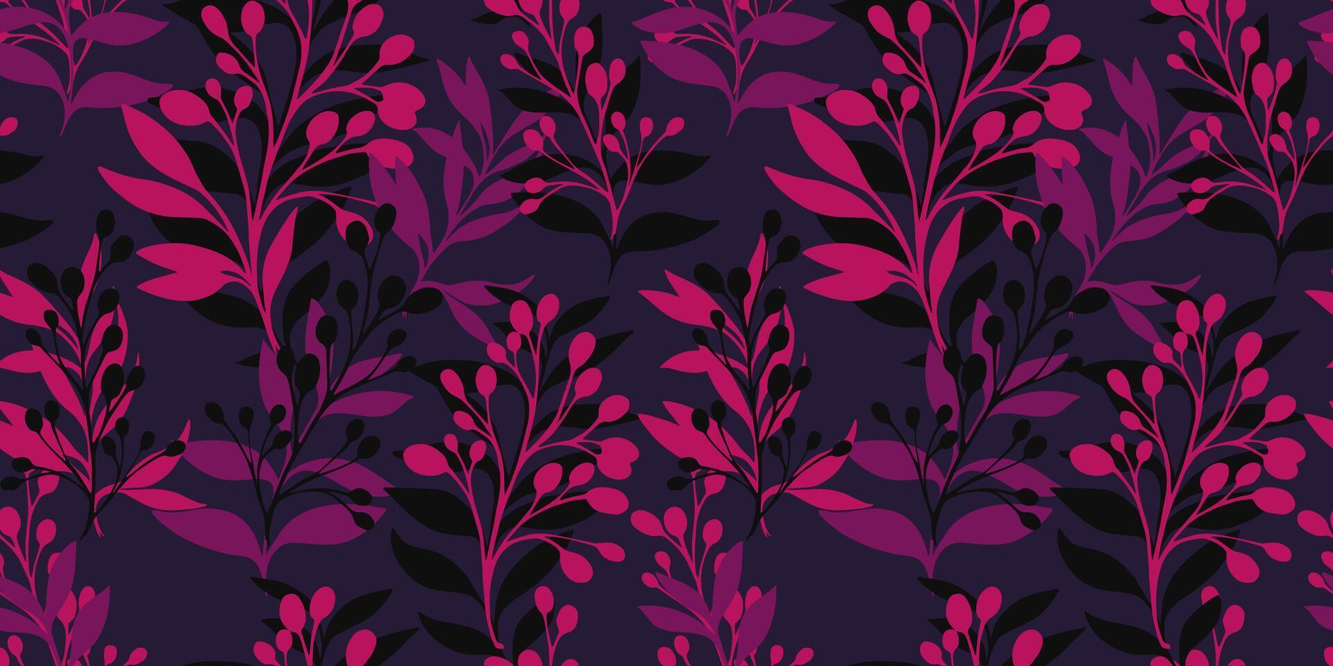 Artistic abstract seamless pattern with shapes leaves and branches.  Vector hand drawn silhouette contour. Collage monotone dark tropical botanical burgundy background.Template for design, patterned