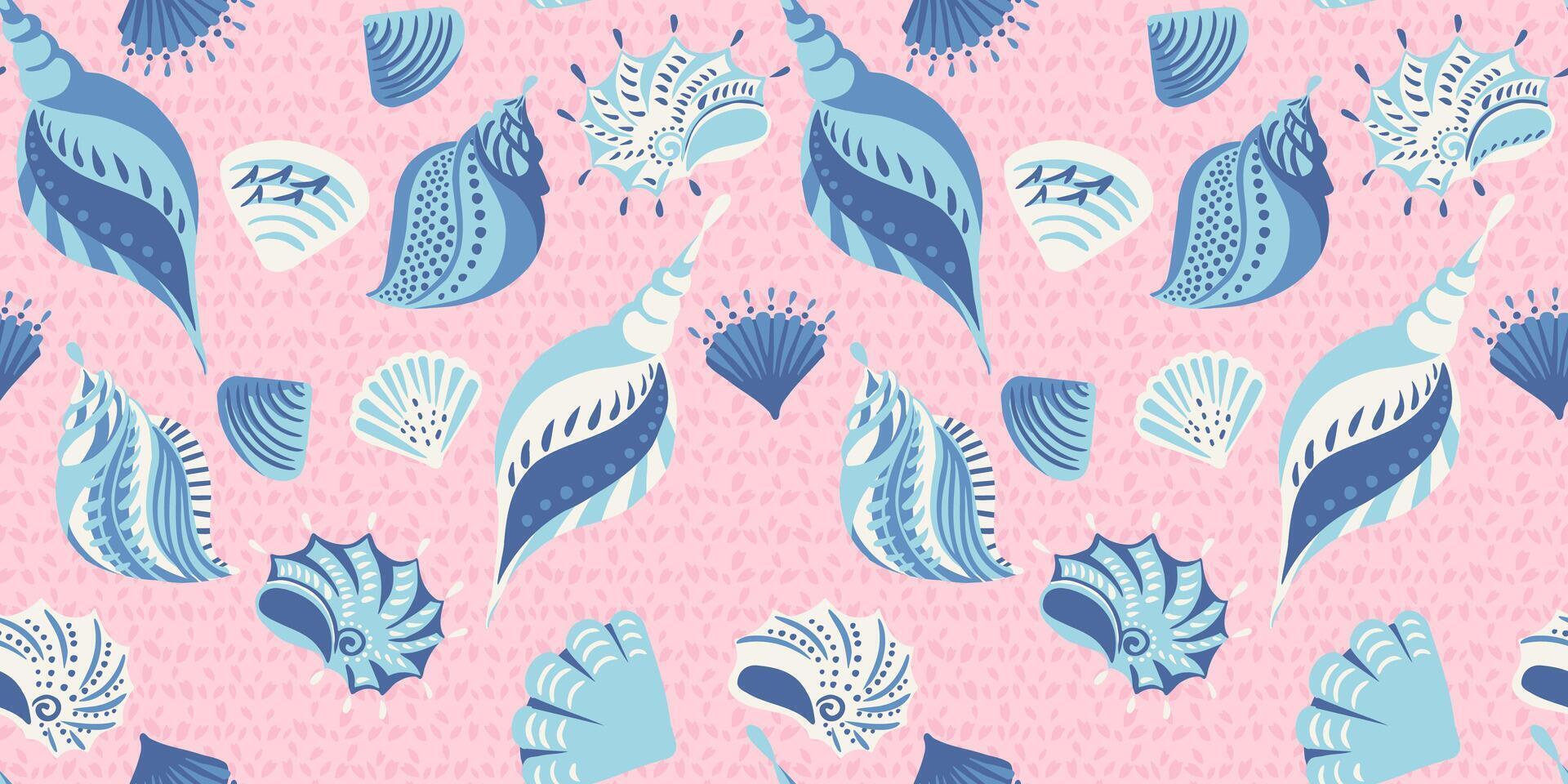 Cute seamless pattern with abstract artistic sea shells. Pastel pink marine background printing. Vector hand drawn sketch. Template for designs, notebook cover, wrapping paper, children textiles