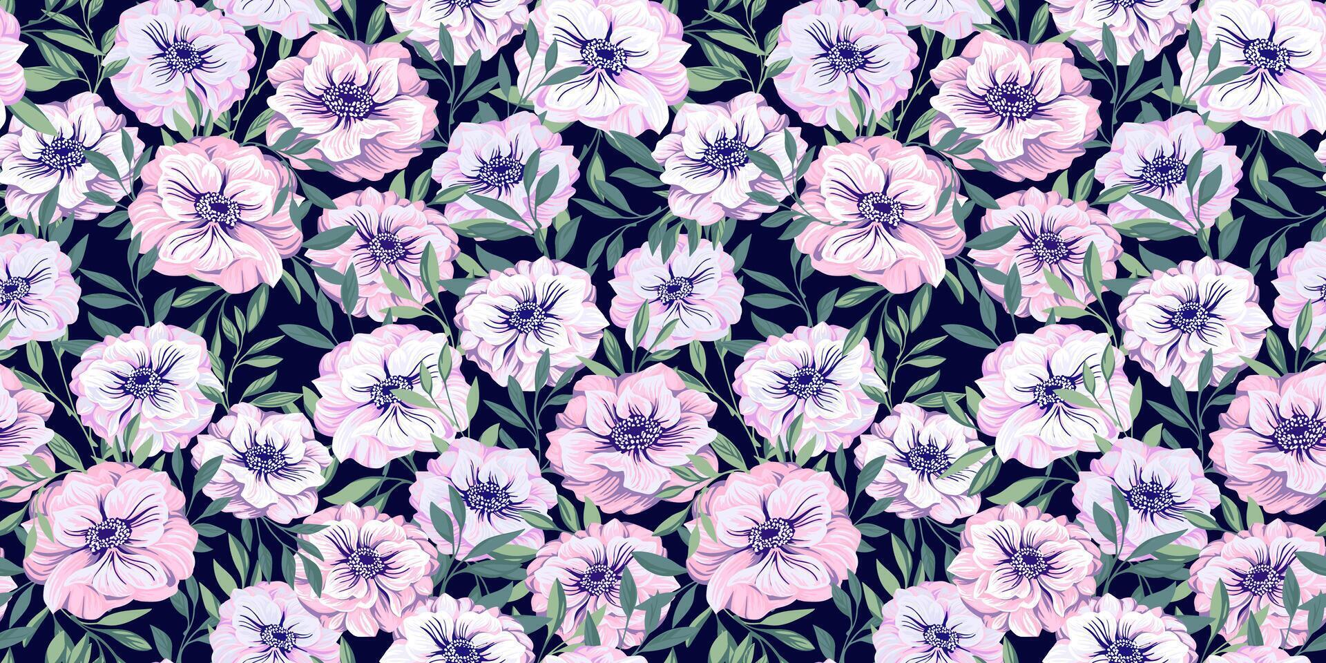 Blooming seamless pattern with Ranunculus, Trollius asiaticus, Globe flower. Purple floral vector drawn illustration on dark black background. Abstract, artistic flowers and branches leaves print