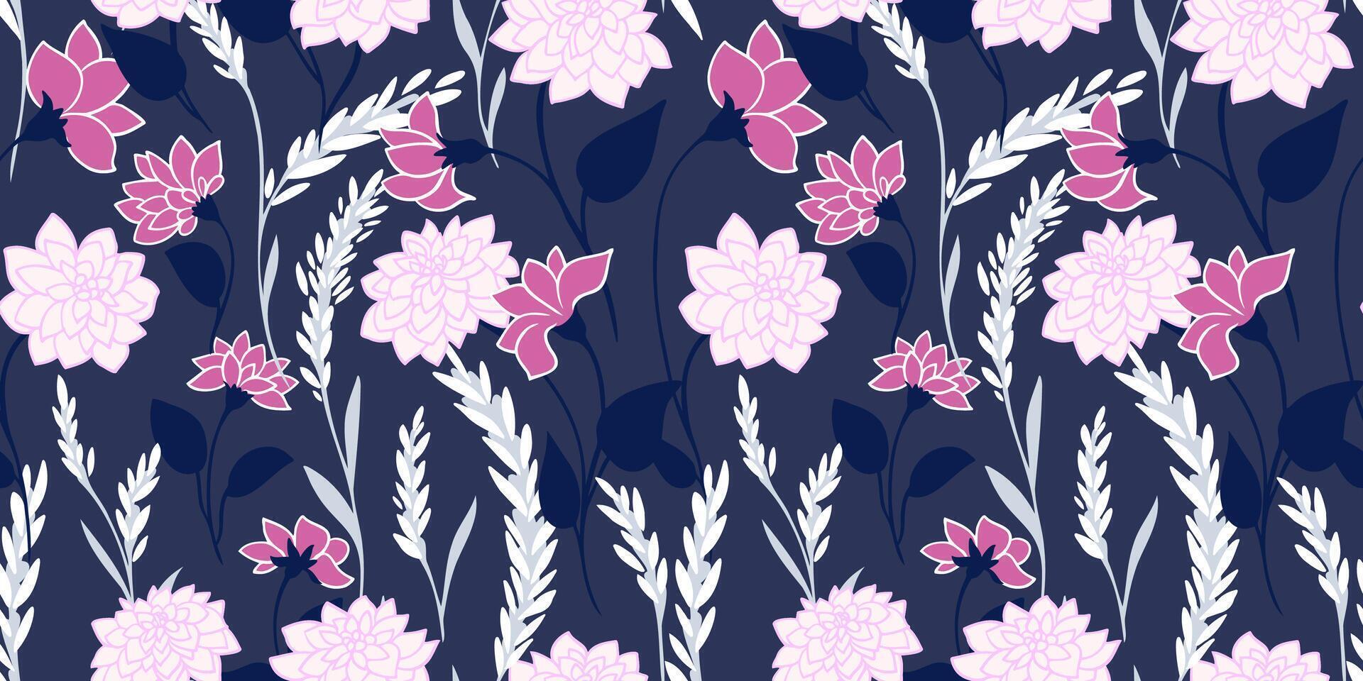 Abstract artistic wild meadow seamless pattern on a dark blue background. Vector hand drawn. Creative blooming floral stems printing. Template for designs, textile, fashion, surface design, fabric