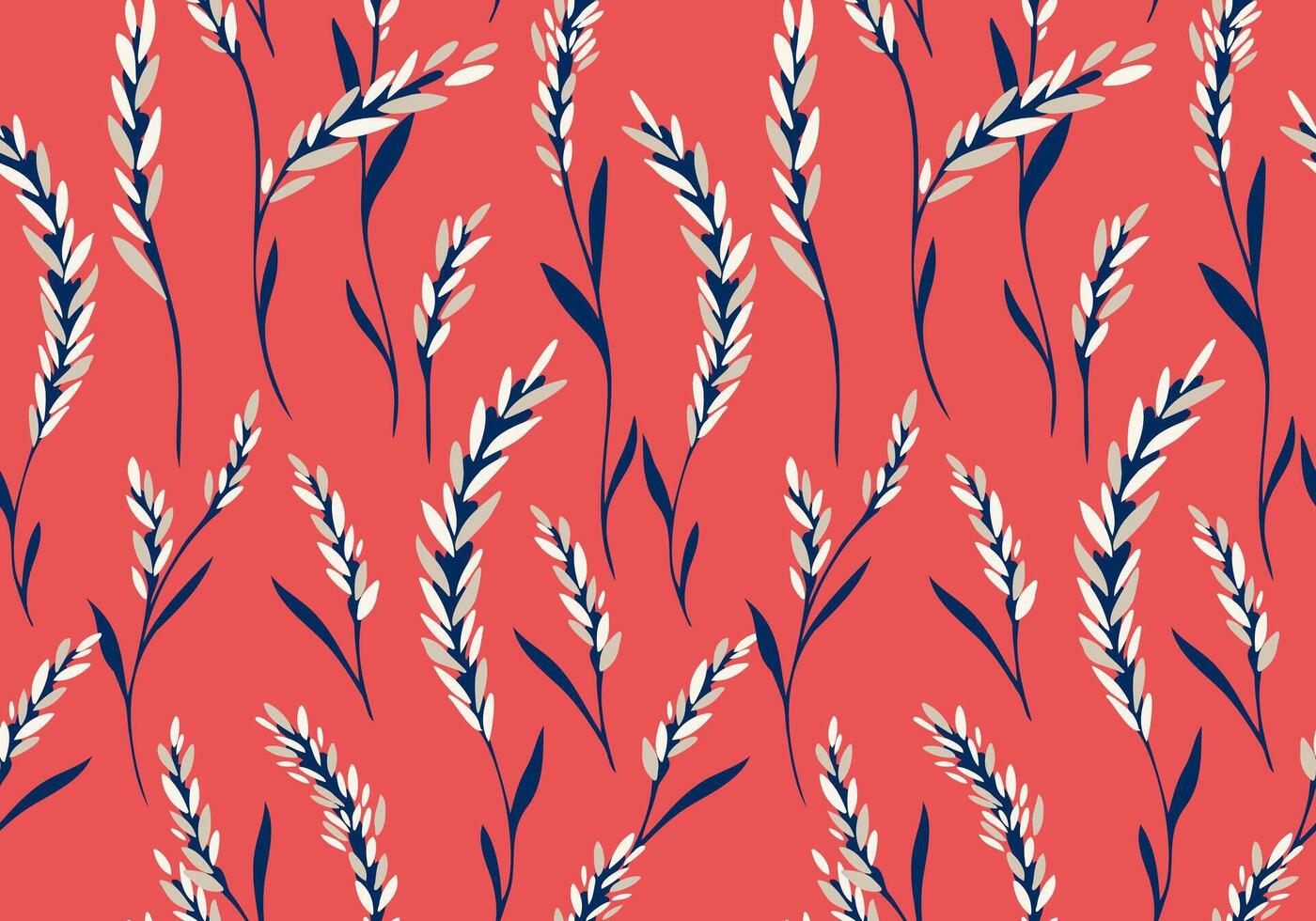Creative simple branches cereals seamless pattern on a red background. Hand drawn vector sketch. Abstract plants printing. Template for designs, fabric, wallpaper, surface design