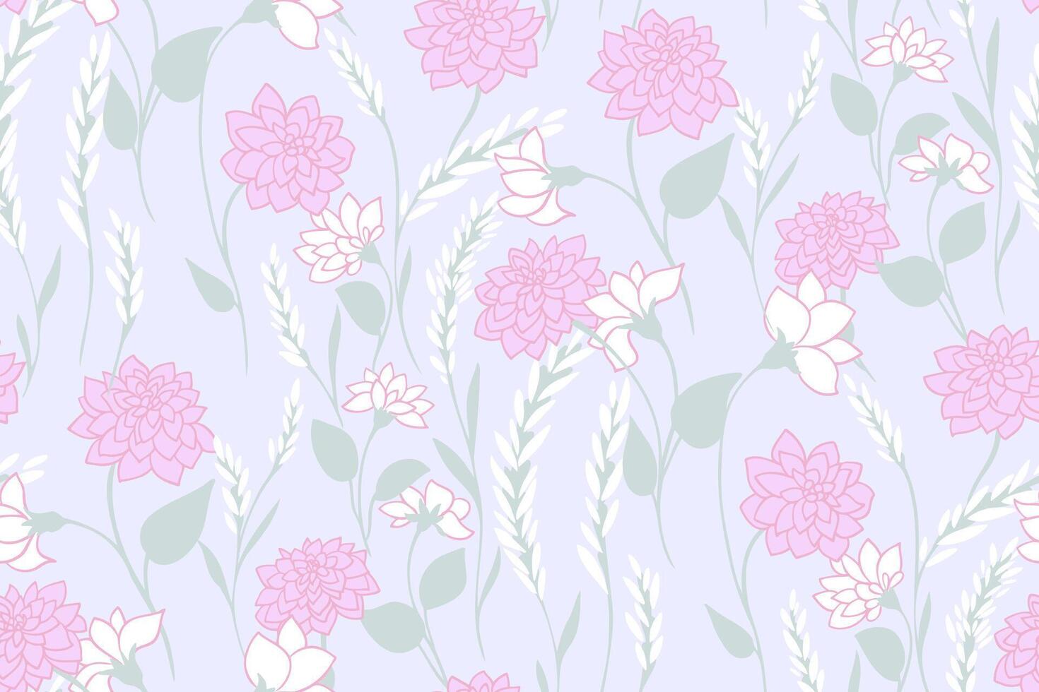 Pastel wild meadow intertwined in a seamless pattern on a light blue background. Abstract artistic branches with ditsy flowers, leave, buds printing.  Vector hand drawn. Template for designs, fabric