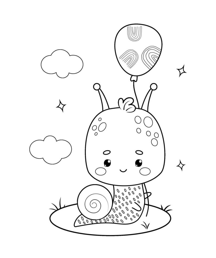 gracioso pequeño caracol personaje con globo. cómic contorno dibujos animados insecto. línea dibujo, colorante libro. niños recopilación. vector ilustración.