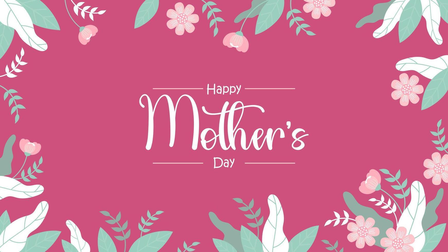 Floral banner Happy Mothers Day. Pink flowers on magenta background with congratulations inscription. Horizontal Festive poster. Vector illustration in flat style