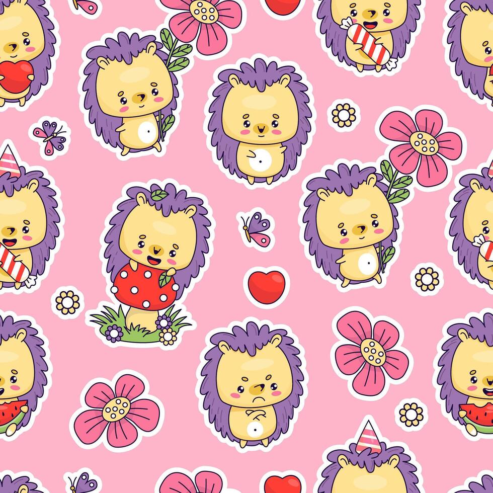 Seamless pattern with cute hedgehogs with fly agaric mushroom, butterflies and flowers on pink background. Vector illustration with funny cartoon kawaii animals. Kids collection.
