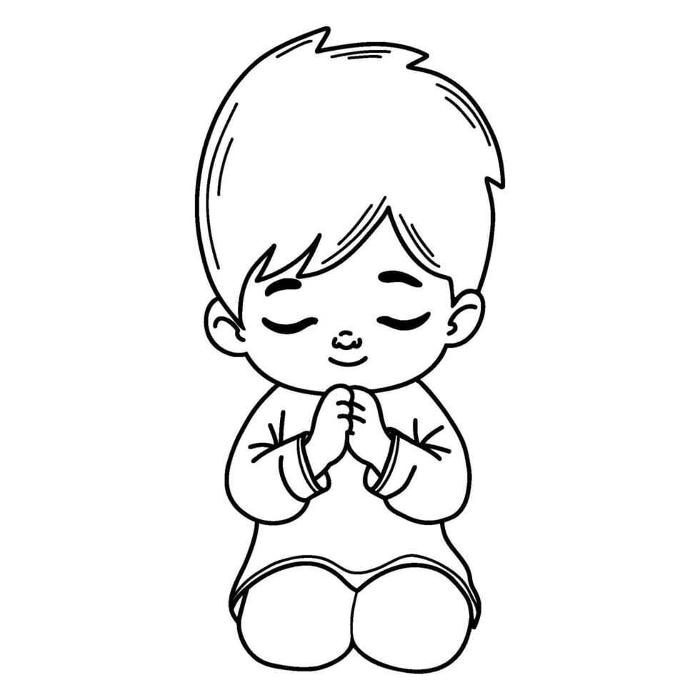 Praying boy on his knees with folded hands in prayer. Linear hand drawing. Coloring book. Religious believer male child character. Kids collection vector