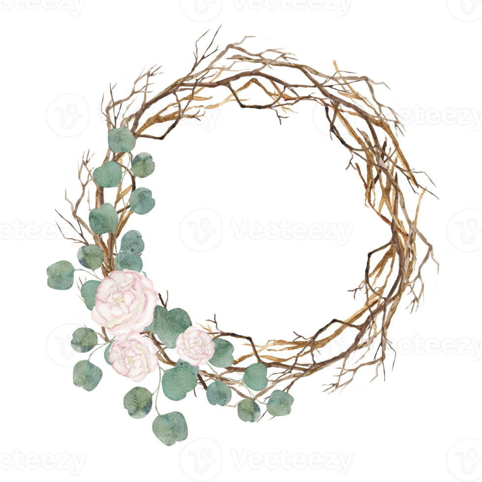 Watercolor wreath of dry twigs with roses and eucalyptus.Wreath arrangement for card, invitation, decoration. png