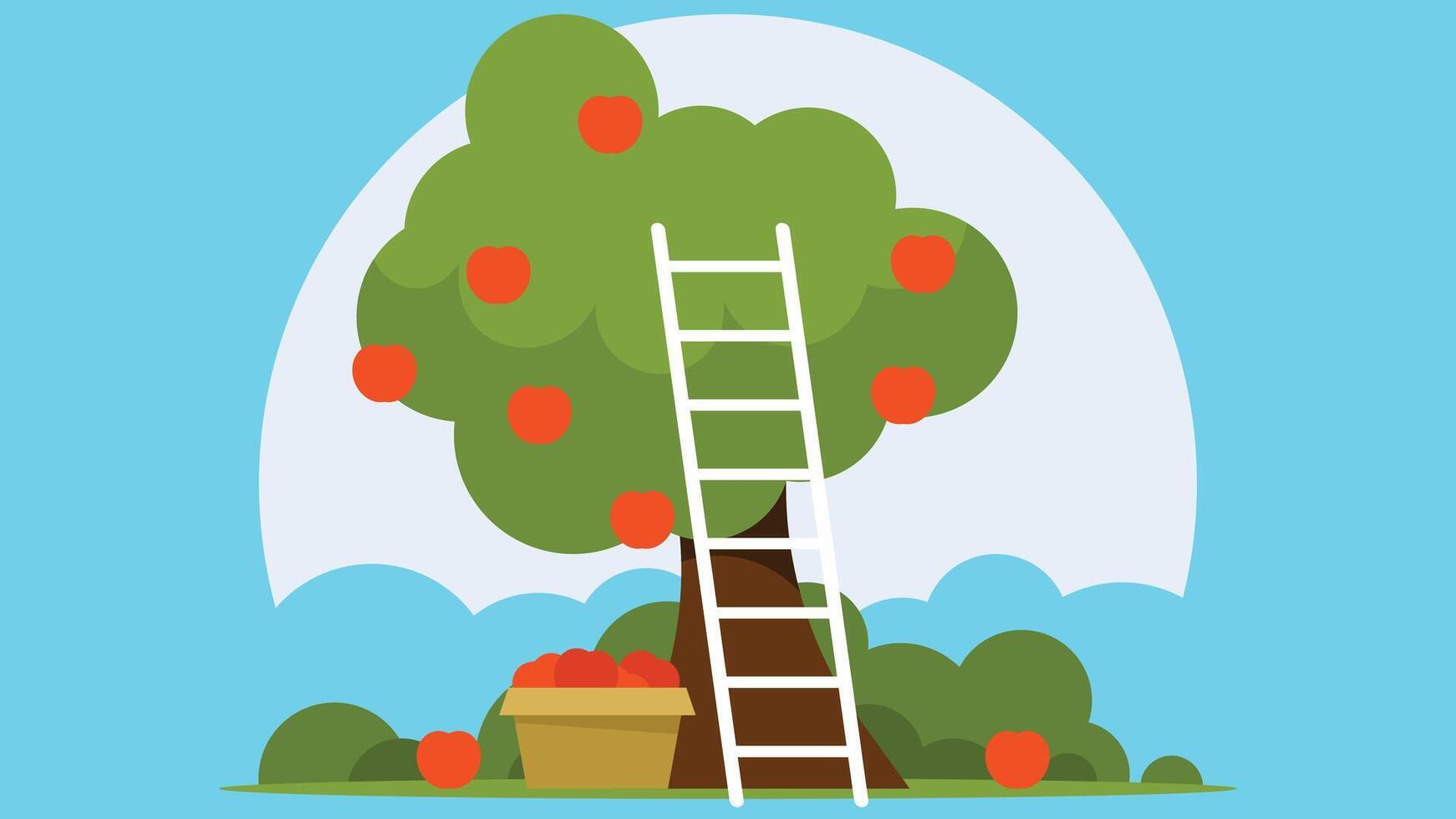 apple tree in the garden and a basket full of apples vector