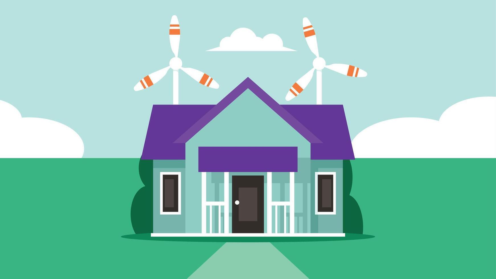Green energy house with wind turbines in a green field vector