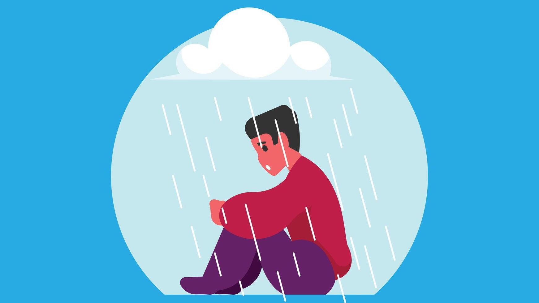depressed man under the rain isolated vector illustration
