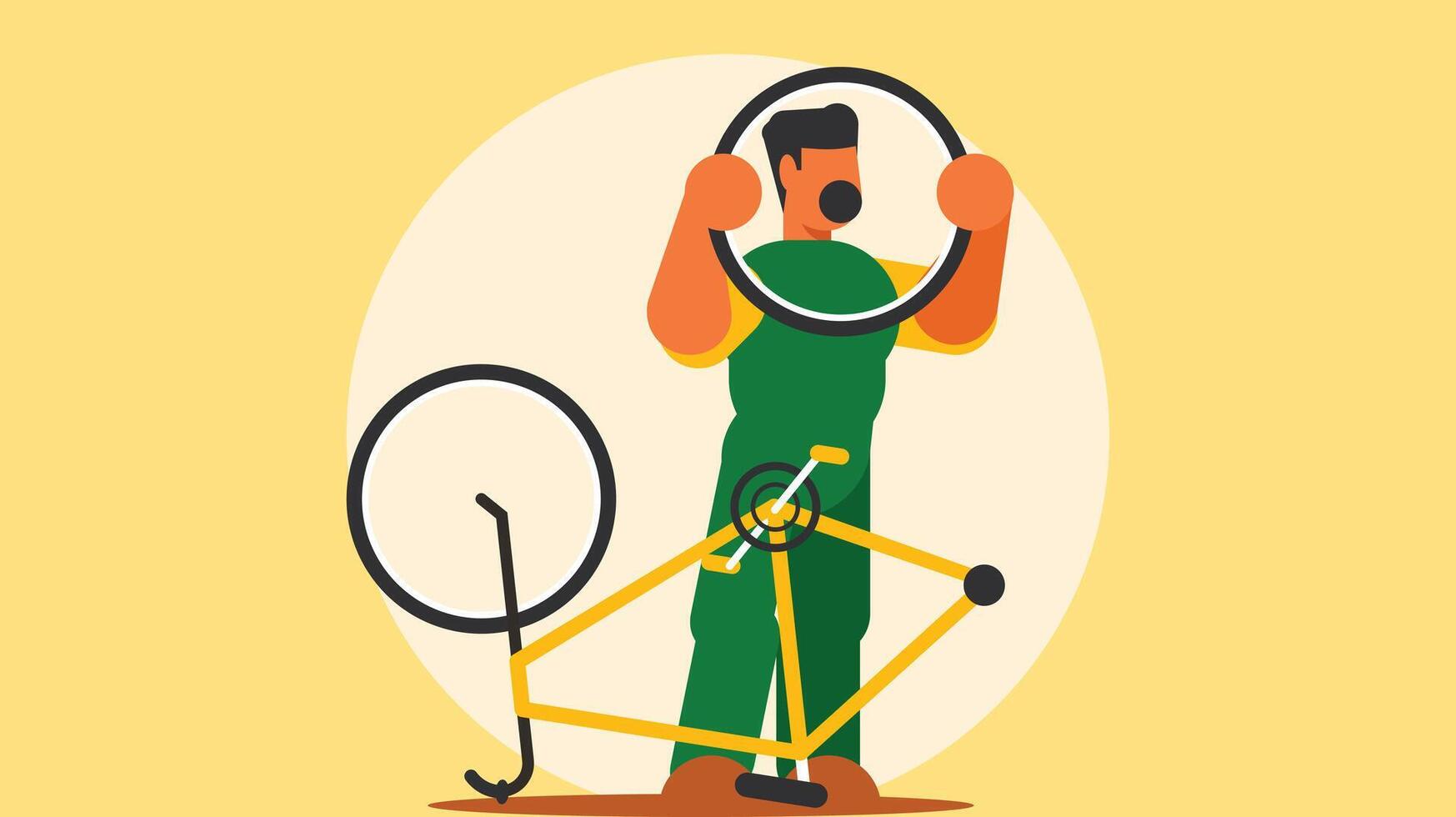 repair man fixing a bicycle tyre vector illustration