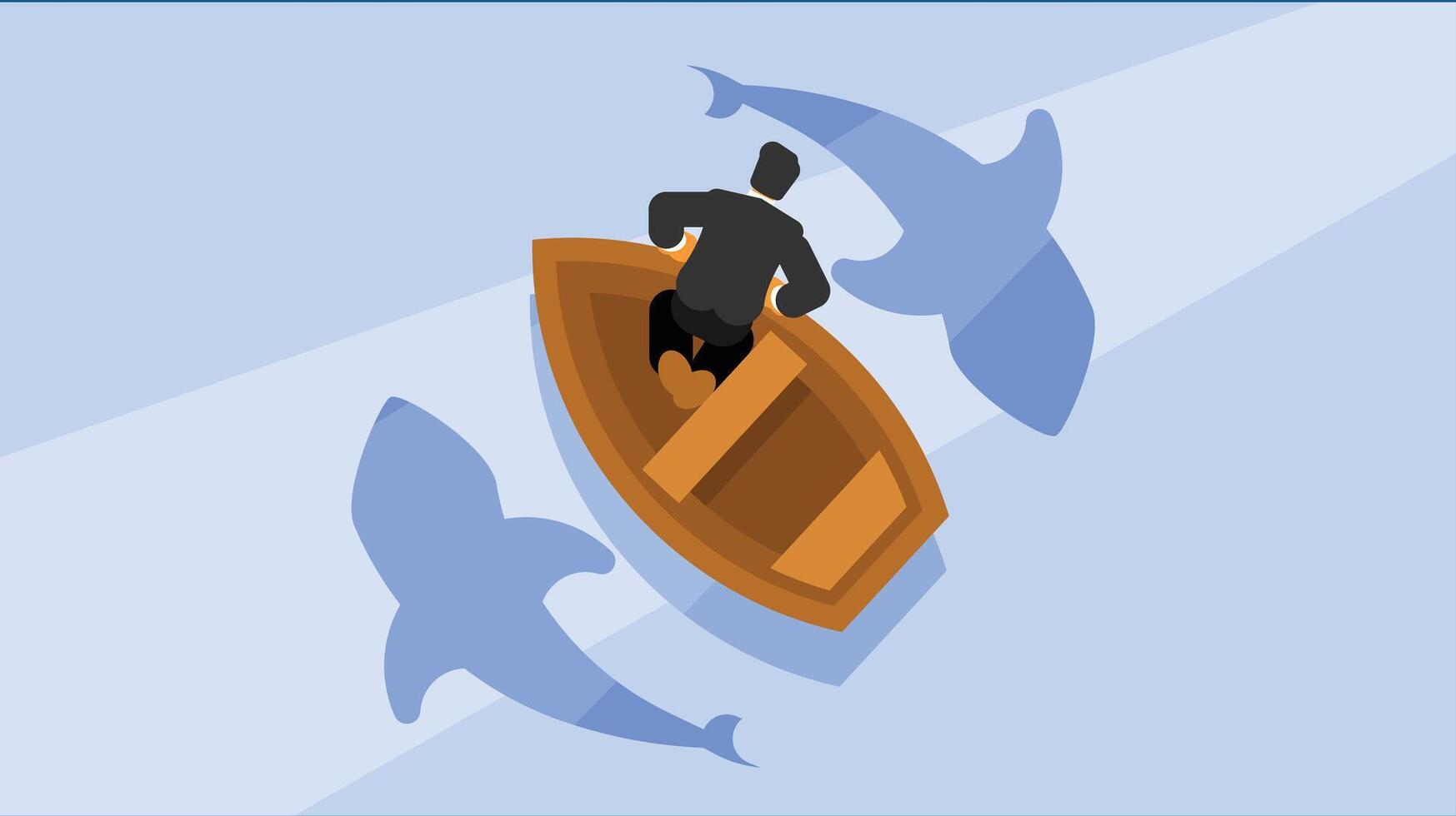 negocio hombre en un barco con tiburones alrededor el barco vector ilustración