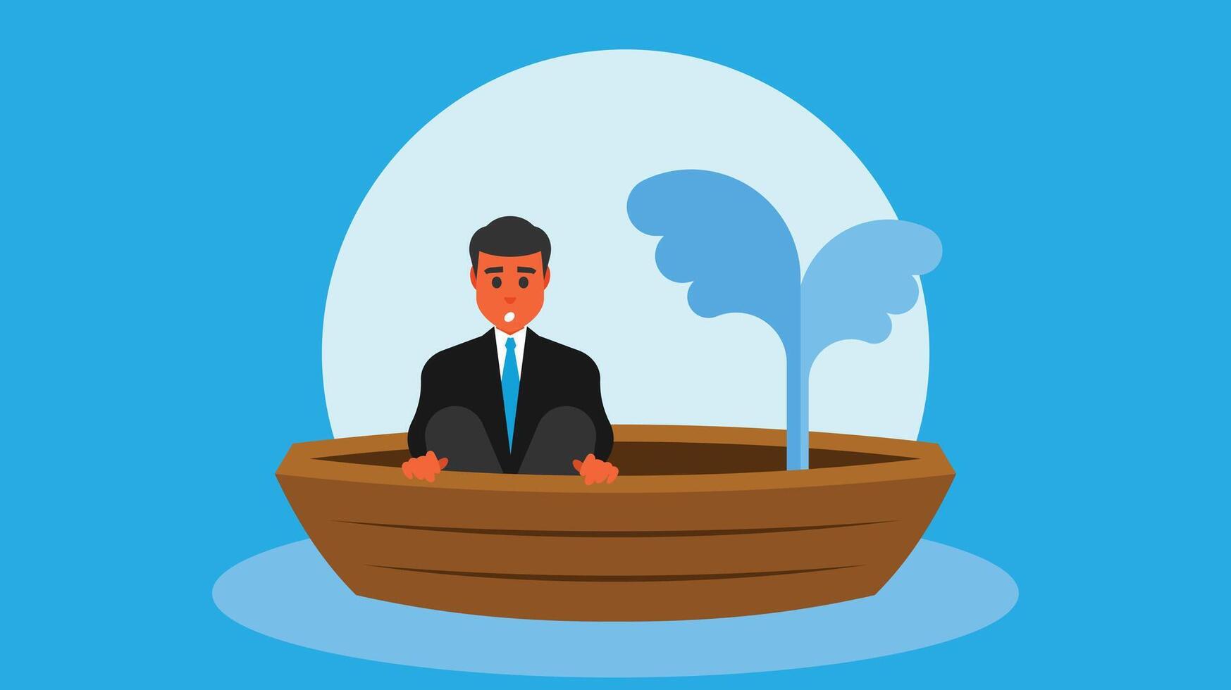 negocio hombre en un barco hundimiento con agua viniendo en vector ilustración